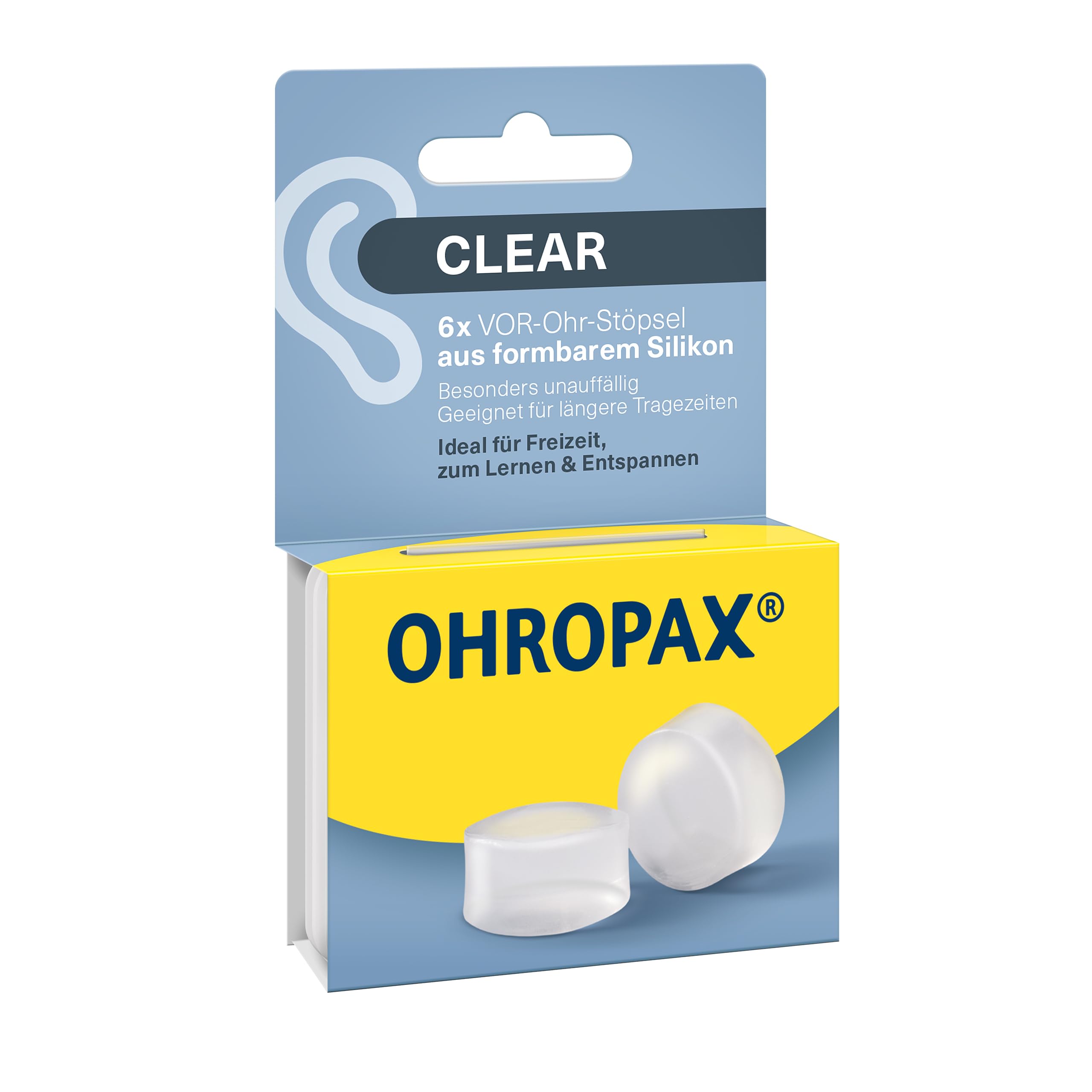 OHROPAX Clear Ohrstöpsel – klare VOR-Ohr-Stöpsel aus formbarem Silikon – besonders unauffällig – für alle Ohren geeignet – Schalldämmwert SNR 23 dB – für Freizeit, zum Lernen oder Entspannen – 6 Stück