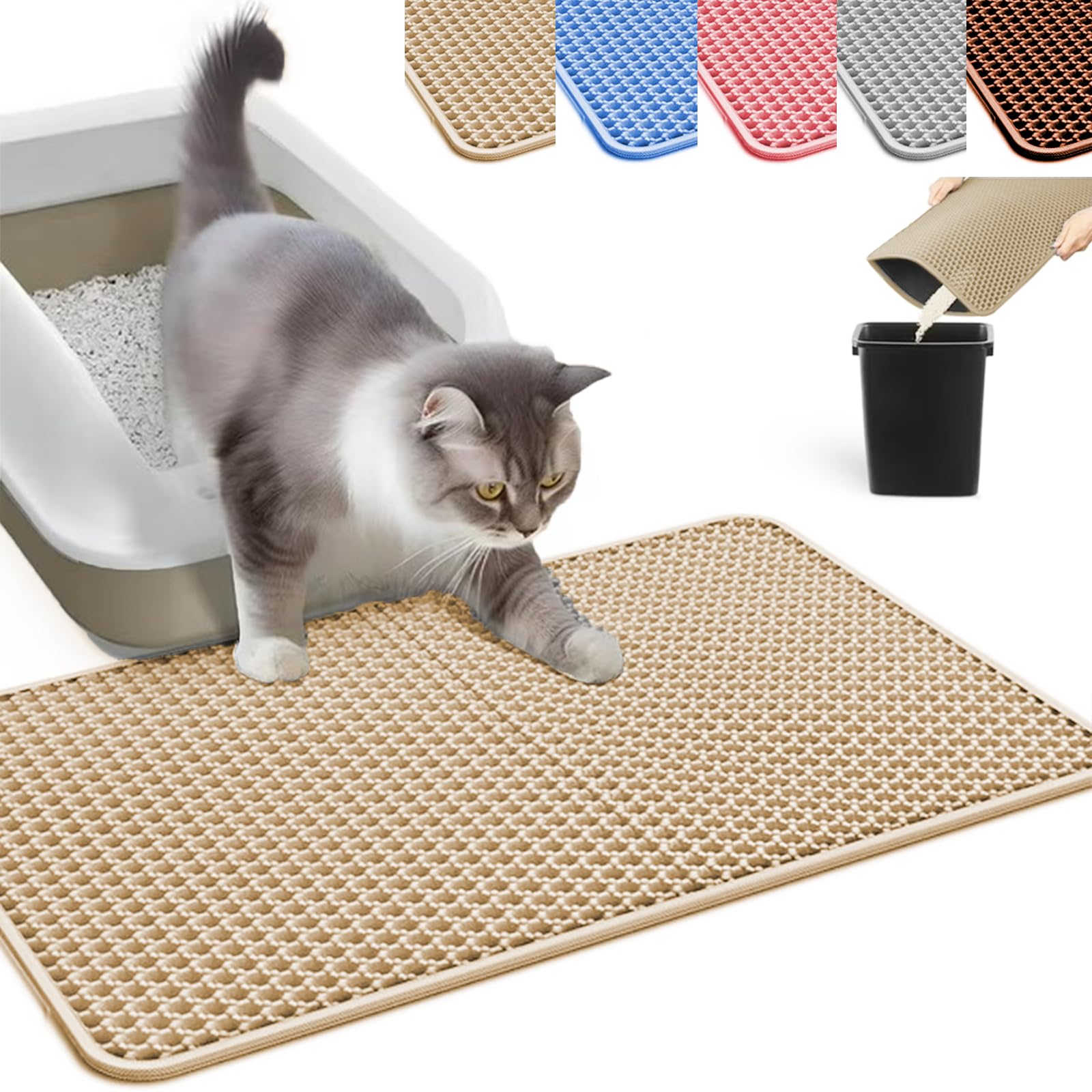 Cat Litter Mat, Honeycomb Double Layer Cat Litter Trapping Mat, Waterproof Urine Proof Non-Slip, Scatter Control, Less Waste, Easier to Clean (Beige, 24" X 18")