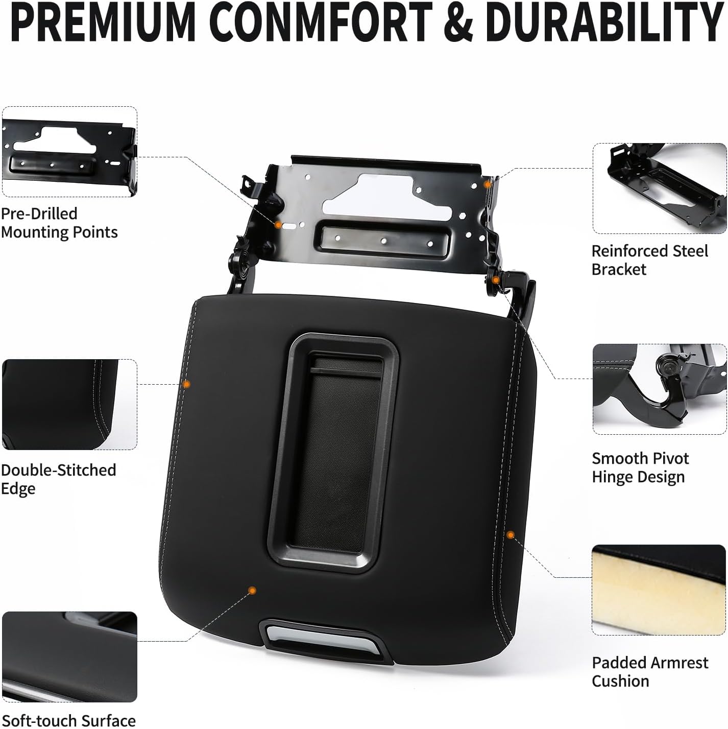 Center Console Armrest Lid with Steel Bracket, Black Synthetic Leather Console Lid for 2014-2019 Chevy Silverado/Tahoe/Suburban & GMC Sierra/Yukon/Yukon XL, Replaces 0227083AA