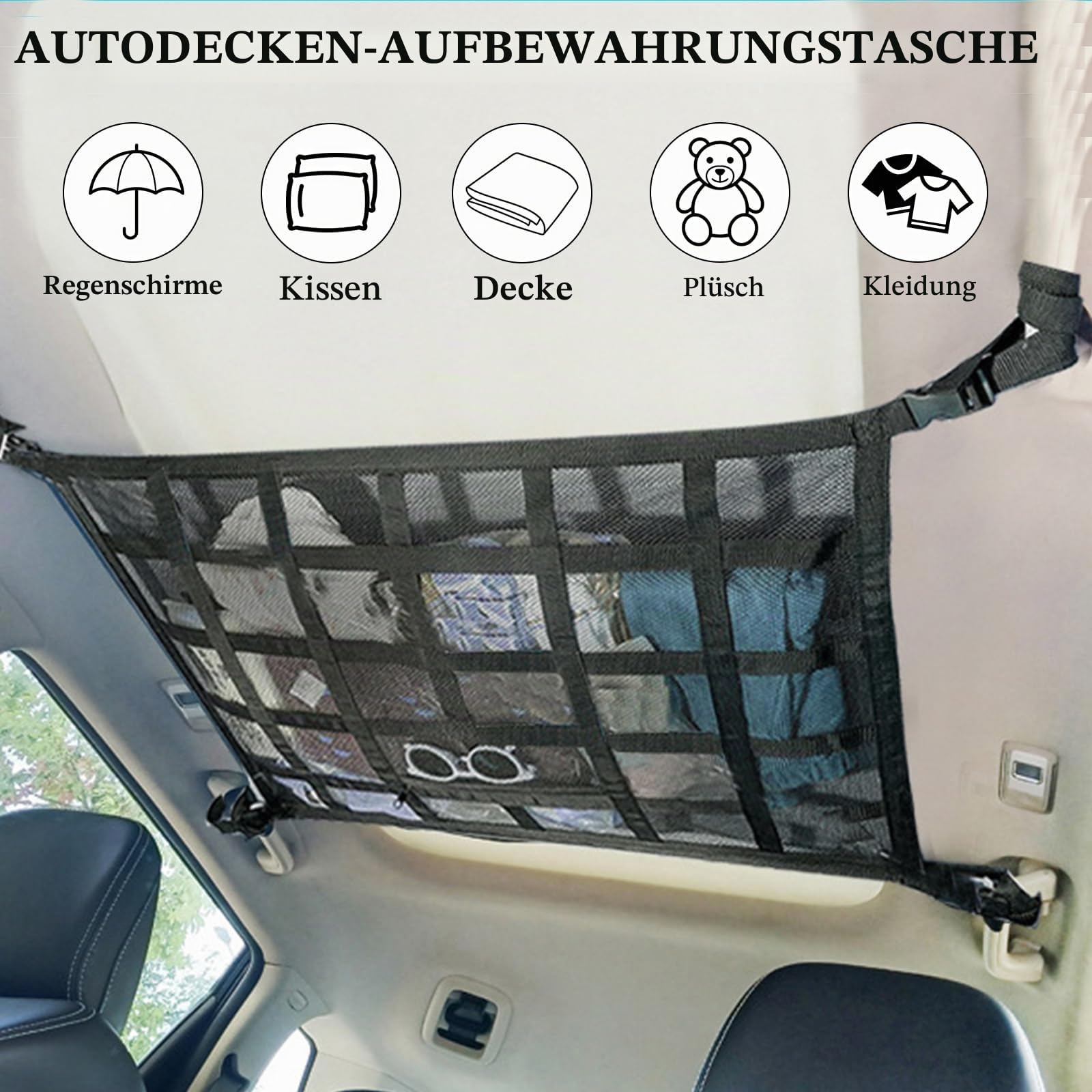 HoaaiGo Autodach Aufbewahrung Netz, 90 X 65cm Auto Interieur Netztasche Car Decke Netze, Autodach Gepäcknetz Auto Decke Cargo Netz Organizer Universal Netztasche für Vier Dach Armlehnen, SUV, Van Auto &