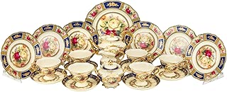 Euro Porcelain 24-pc. Vintage Tea Coffee Cup Dining Dessert Set, 24 kt Gold Plated Roses Decorated Antique Pictorial, Hand Painted Service for 6 Luxury Bone China Tableware (Blue) - coolthings.us