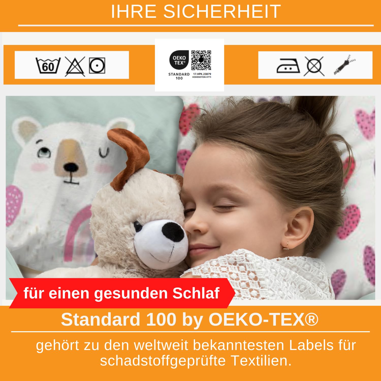 Aminata kids Biber Bettwäsche Bär 135x200 Kinder 100% Baumwolle türkis
