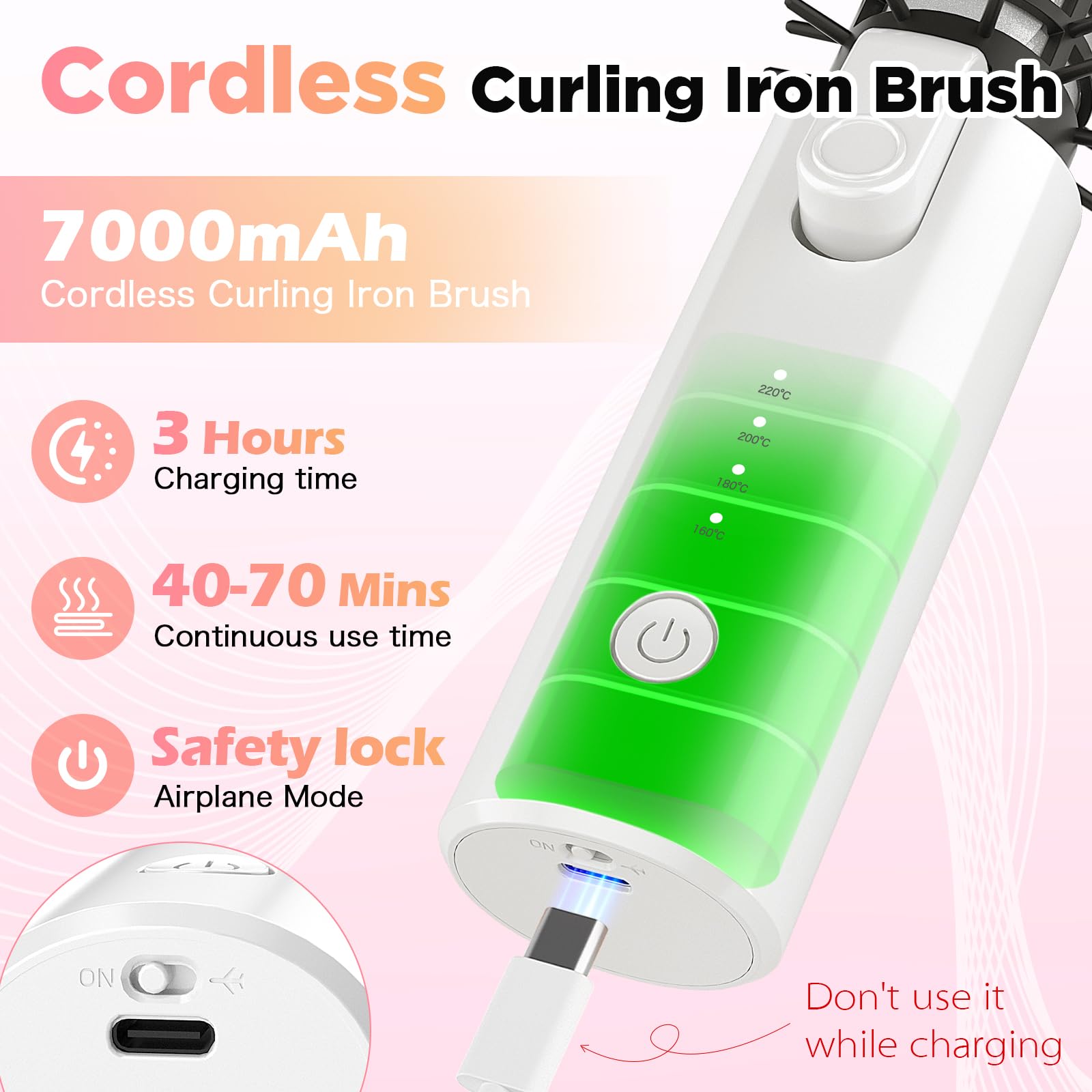 Fer à friser sans fil 32 mm avec 4 températures - Portable - 7000 mAh - Rechargeable par USB - Pour grandes boucles