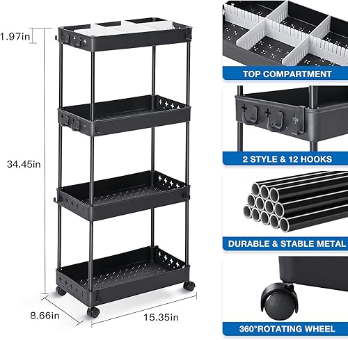 Miniatura 7 de KINGRACK Carrito utilitario rodante de 4 niveles, carrito de arte de almacenamiento para manualidades con divisores ajustables, carrito de servicio