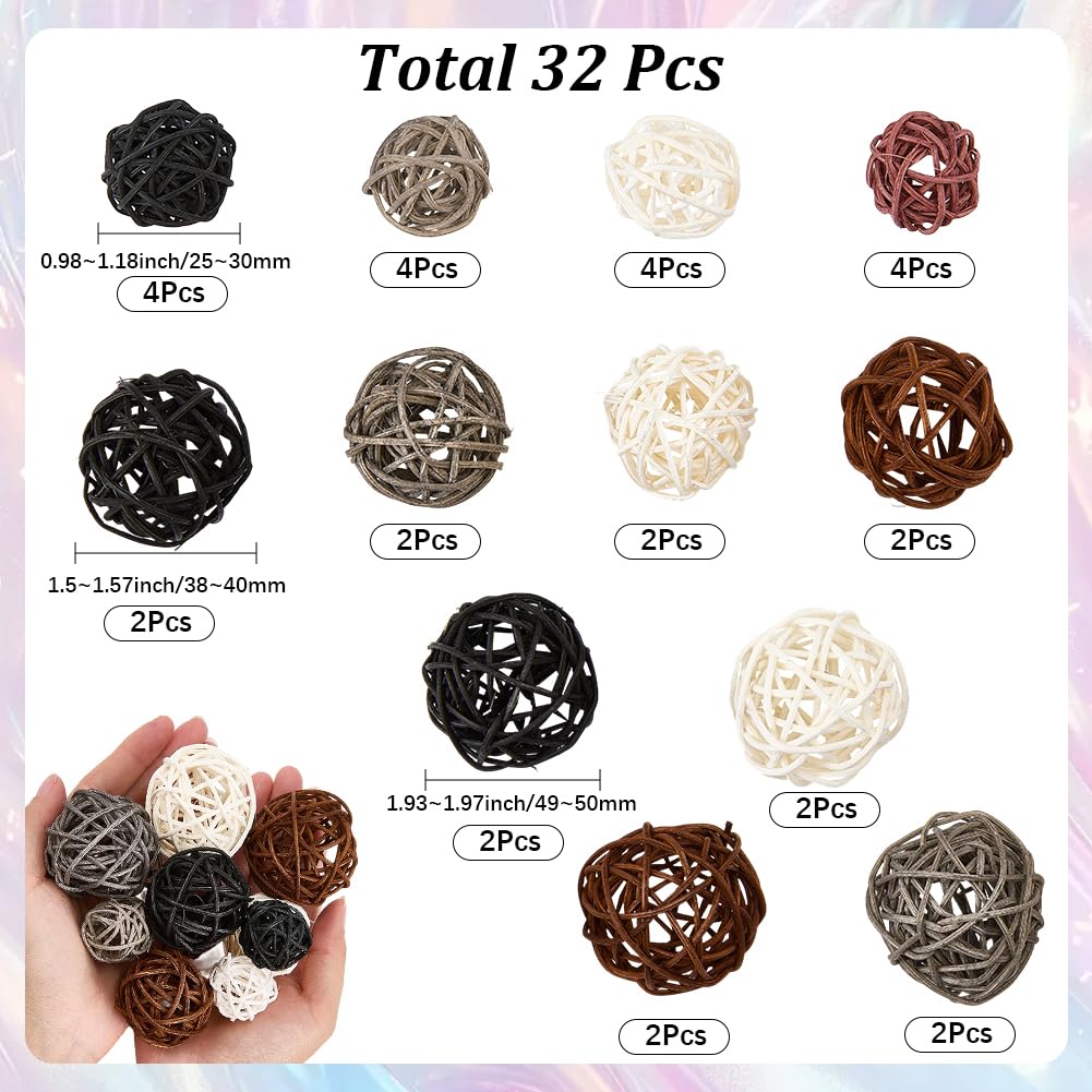 SUNNYCLUE 12 Estilo 32 Bolas de Mimbre de Ratán, Bolas Decorativas Redondas de Ratán, Negras, Blancas Y Marrones, Decoración de Centro de Mesa, Adornos, Manualidades para Decoración del Hogar, Bodas,