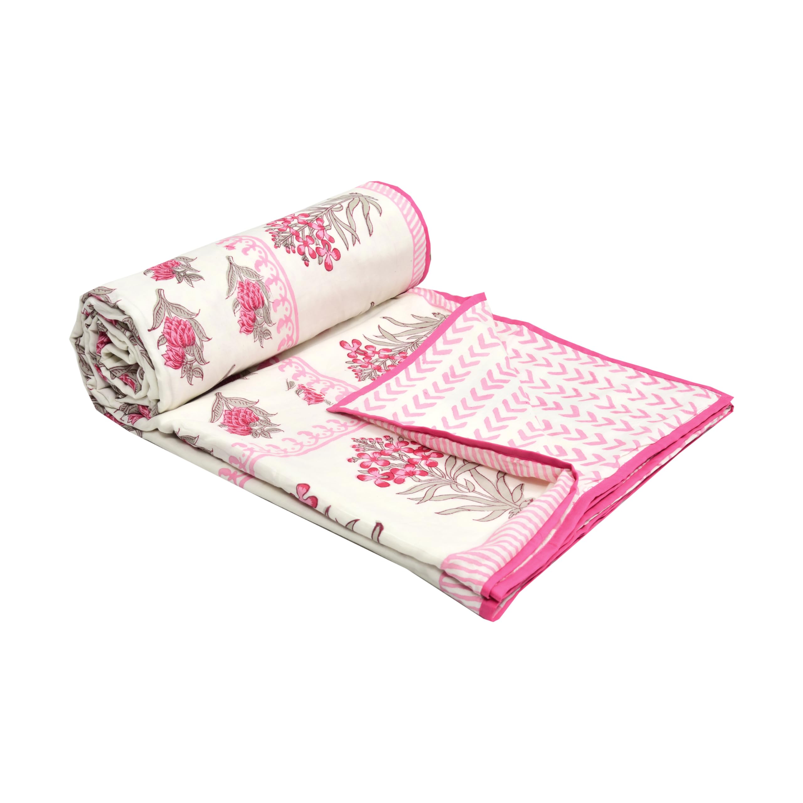 Hand Block Printed Cotton Dohar Blanket - Pink Rose -4 Hand Block Printed Cotton Dohar Blanket - Pink Rose -4