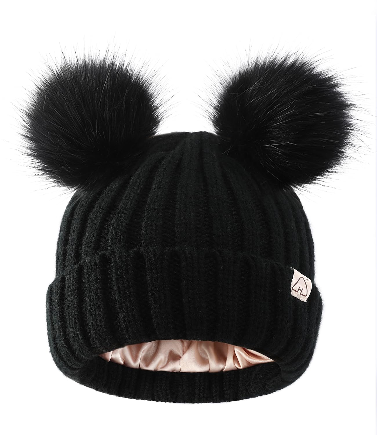 Hat Hut Toddler Beanie Satin Lined Beanie for Baby Winter Hats with Pom Pom for Kids Bobble Hat for Boys Girls (B5-Black 2 Black Poms)