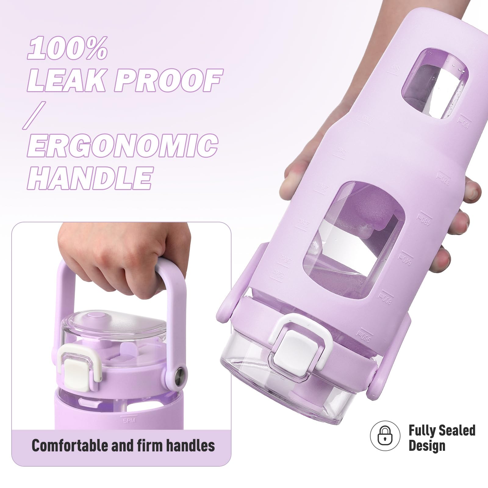 BLUEGO 960ml Bottiglie d'acqua in vetro con cannuccia e indicatore del tempo Bottiglia d'acqua sportiva grande con custodia in silicone 0,96 litri Brocca d'acqua in vetro per palestra, Viola