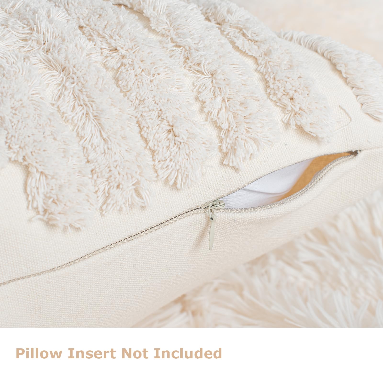 AELS Federe Cuscino Quadrate 50x50 Cm Con Frange E Righe | 2 Pezzi In Misto Lino Beige Con Cuciture Bianche/Nere | Design Bohémien Jacquard | Cerniera Visibile - 2