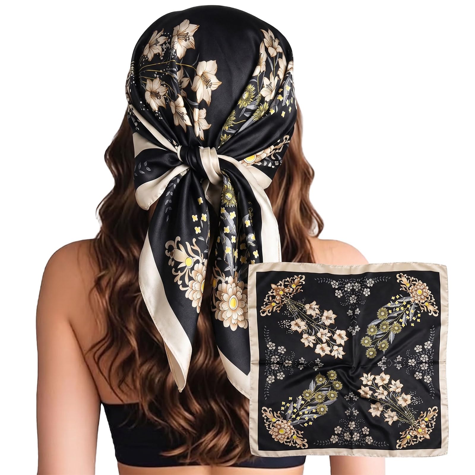 Nwdey Women's 1 Pc Style 09 Head Scarf For Silk Like Satin Hair Scarf Large Square Printed Bandanas 35 Inch Silk Scarves For Sleeping Neck Scarf Hair Wrap (1 Pc Style 09)