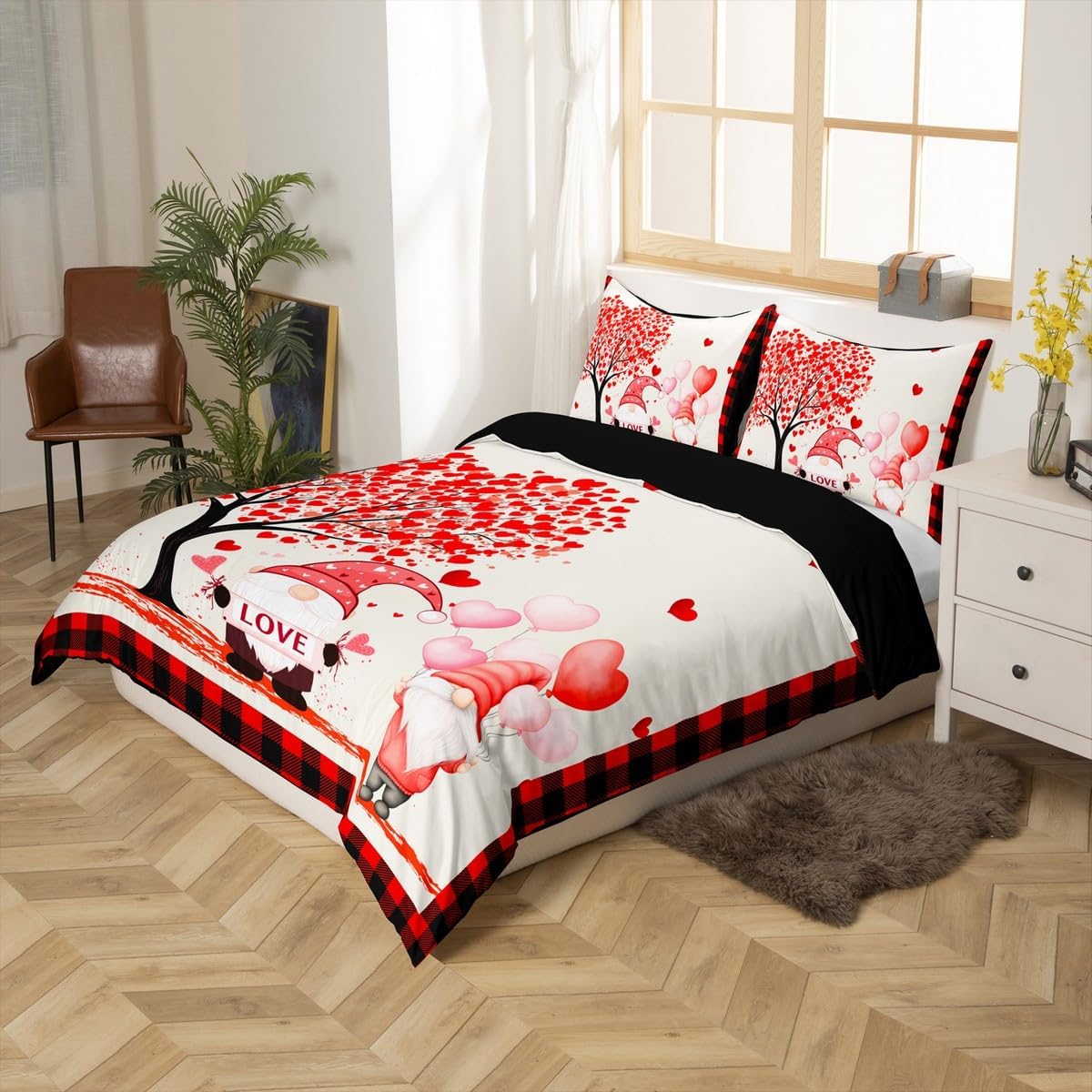 Romantic Duvet Cover King Valentines Day Bedding Set Cute Heart Tree Comforter Cover Black and Red Plaid Bed Sets Cute Valentines Gnome Bedding with Zipper Closure Rustic Farmhouse Anniversary Decor