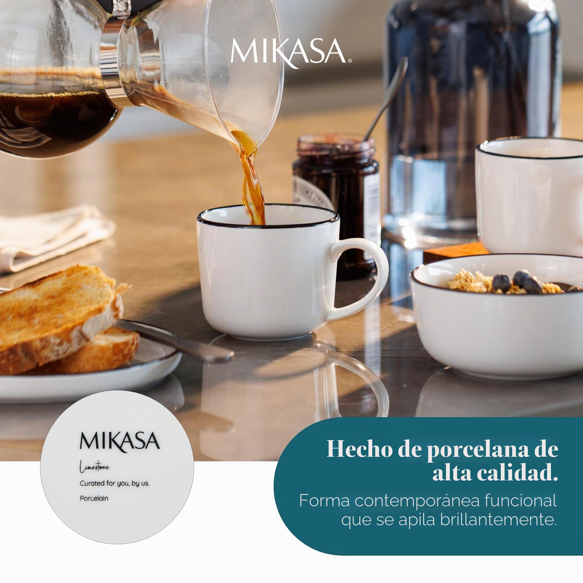 Mikasa Limestone Juego de Tazas de Porcelana, 4x Tazas de Porcelana con Borde Negro para Té y Café, 360ml| En Caja de Regalo y Aptas para Lavavajillas