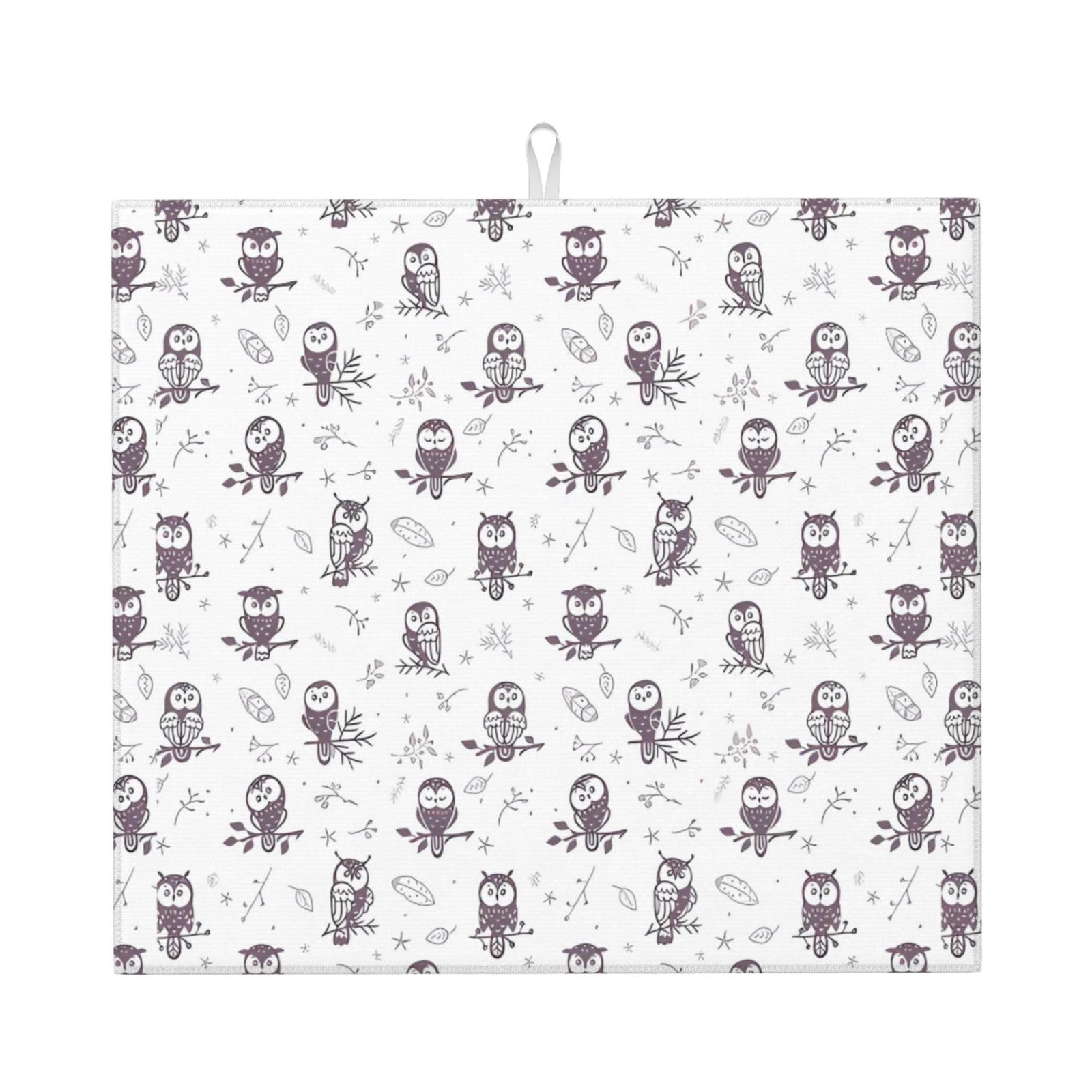 YYHWHJDE Owl Tree Branches Prints Kitchen Drying Mat - Absorbent Dish Drying Throw with Vibrant Prints, Quick-Dry Countertop Layer for Dishes & Appliances - Non-Slip & Foldable