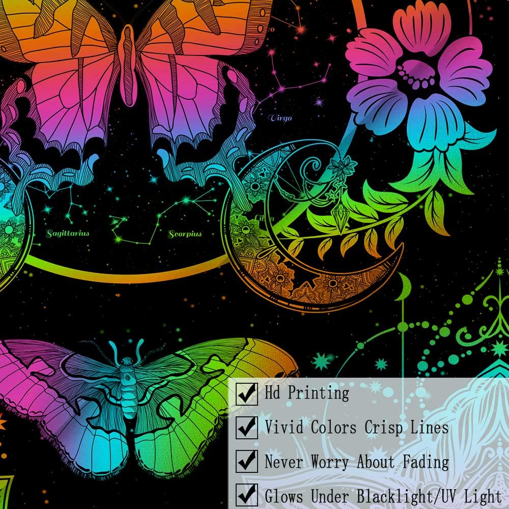 JAWO Schwarzlicht Wandteppich Trippy Schmetterling Mond Blume – UV-reaktiv, Leuchtet Im Dunkeln, 76,2 X Ca. 152 Cm, Für Zimmerdeko