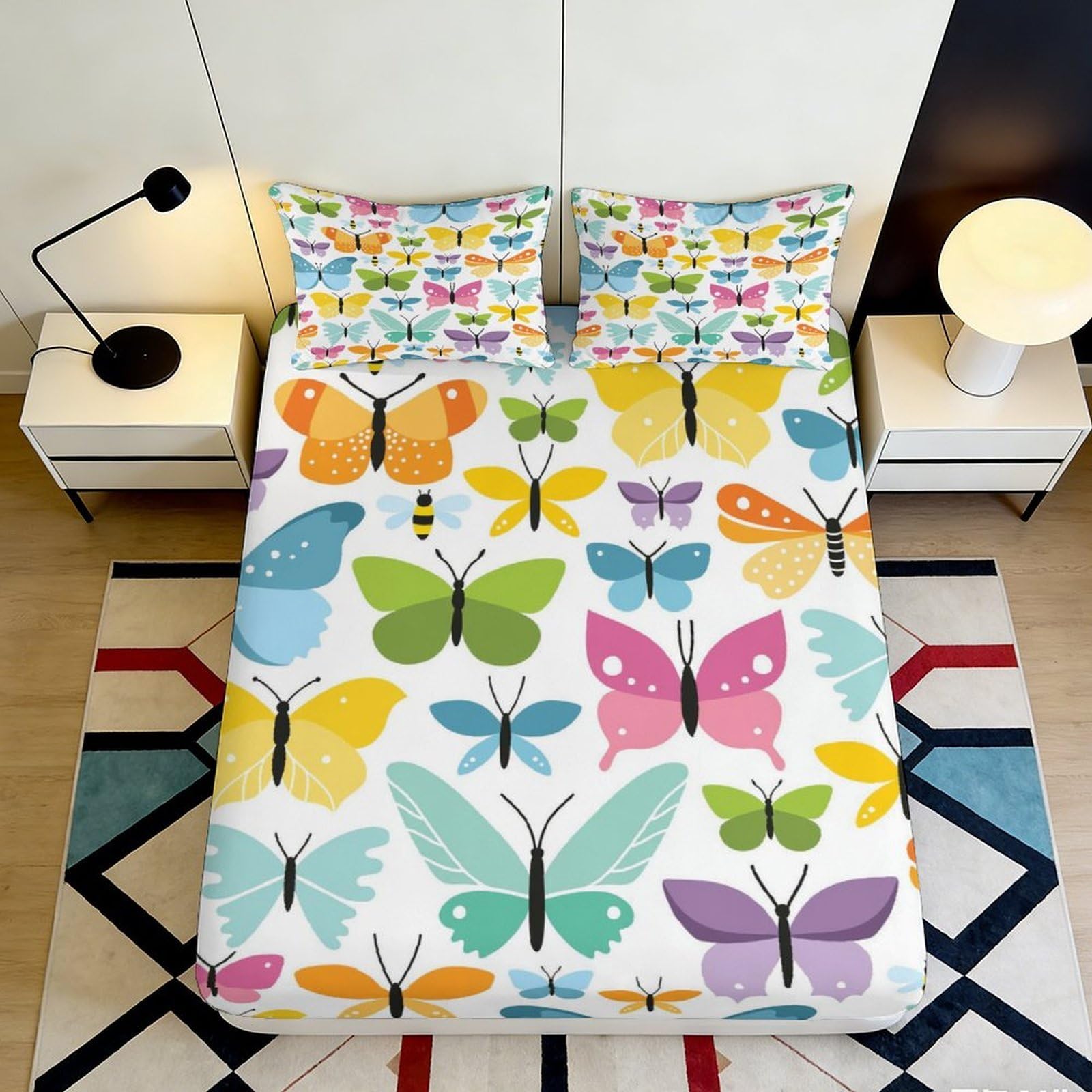 3D Printed Colorful Butterfly Fitted Sheet Microfiber Soft Breathable Vibrant Insect Mattress Cover for Bedroom Dorm Decor 120x200cm 200x200x25cm