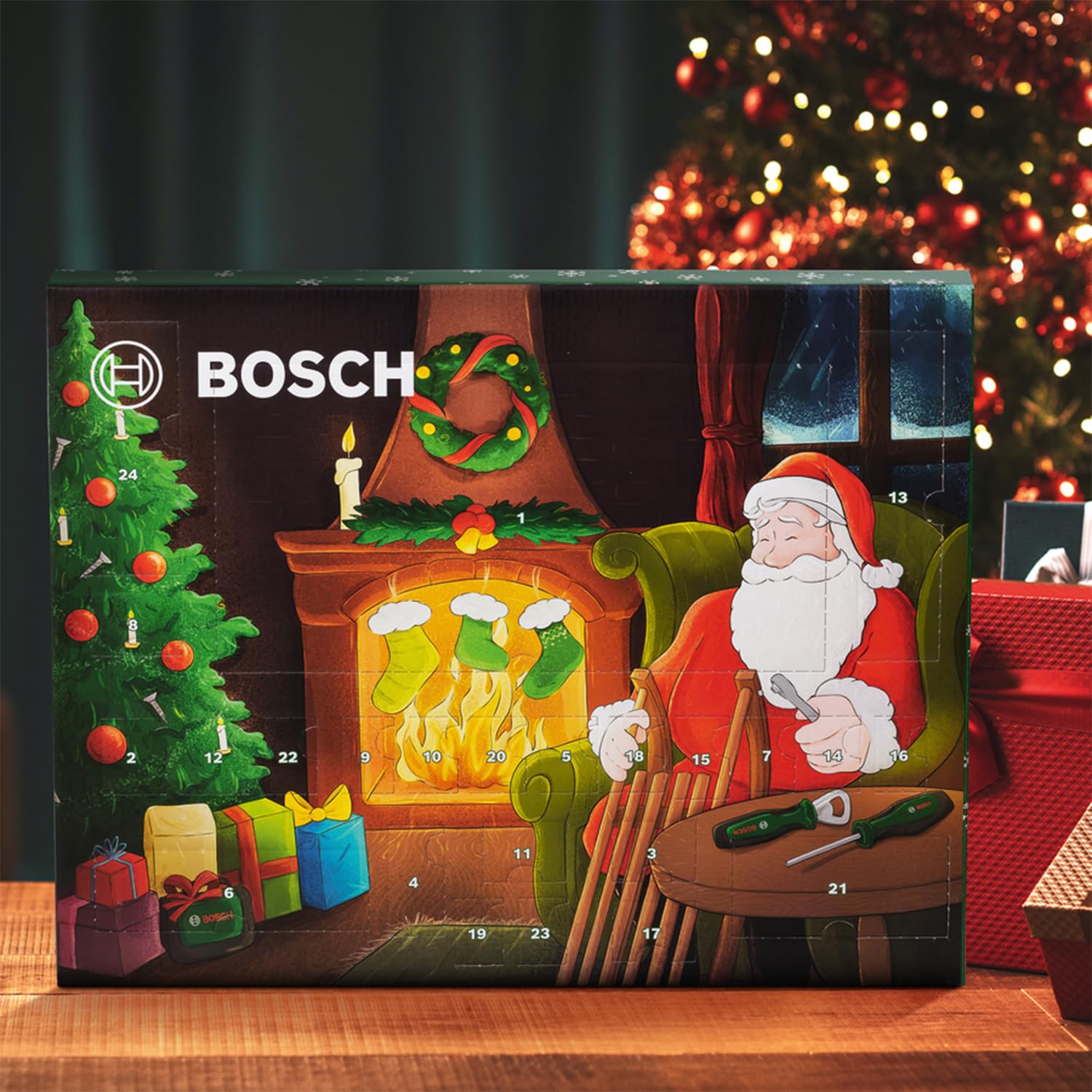 Bosch Calendrier de l'Avent 2023 28 pièces pour bricolage (kit d'outils avec cliquet ¼", tournevis universel, couteau pliant, décapsuleur, embouts et douilles ; dans un sac de rangement)