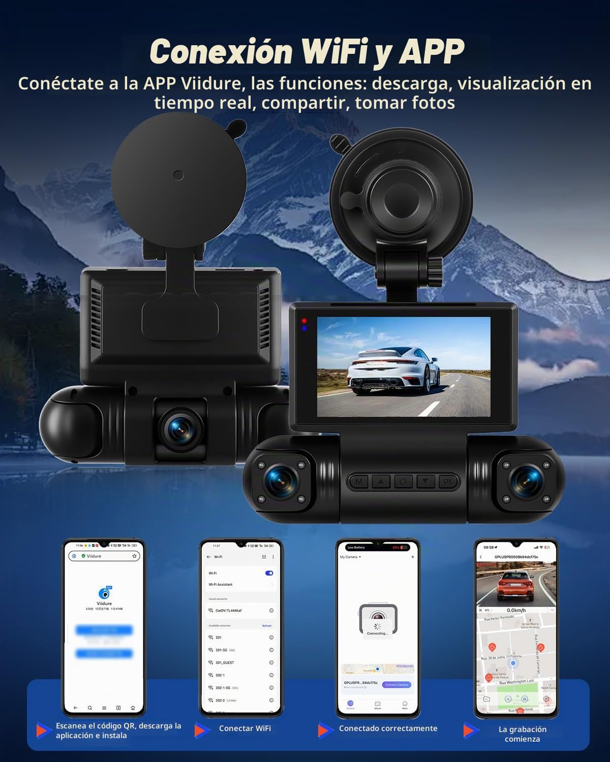 NHOPEEW Cámara para salpicadero 2K de 4 Canales para automóviles: cámara para salpicadero con WiFi, cámaras de 1080p, visión Nocturna, grabación en Bucle y detección de Movimiento con Sensor G