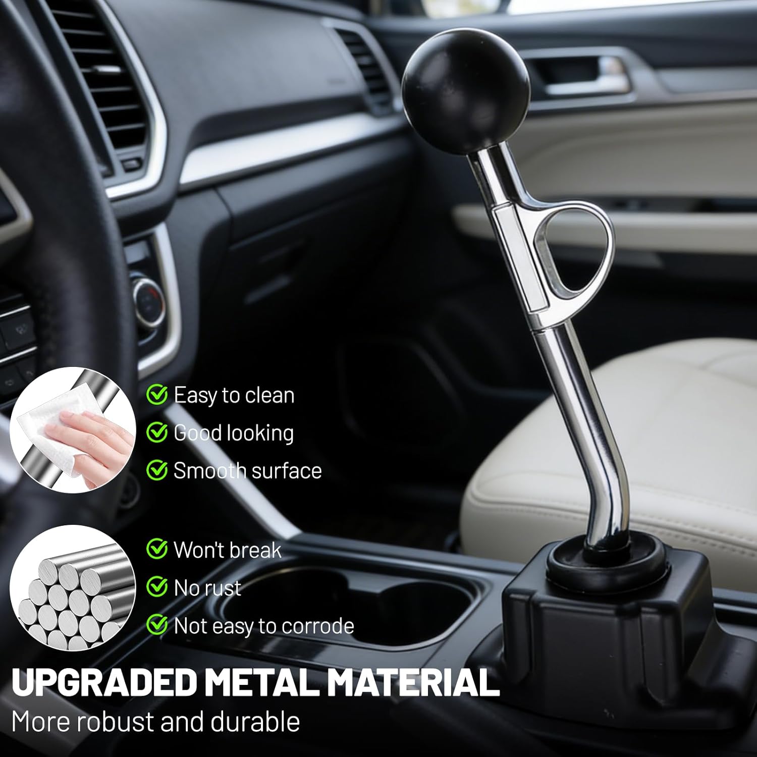 Image showing the Avutrel Trigger Shifter and icons representing its easy-to-clean, good-looking, smooth surface, and durable, rust-free alloy steel material.