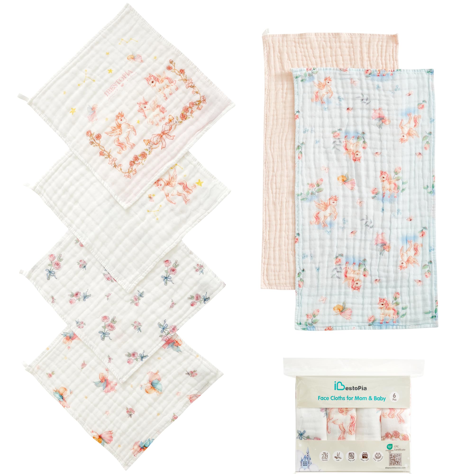 6-Pack Baby Washcloths & Long Towels, 100% Cotton Muslin Face Towels for Baby & Mom, Ultra-Soft Newborn Essentials with Gift Box, for Boys & Girls (Magical Unicorn Fairy Series)