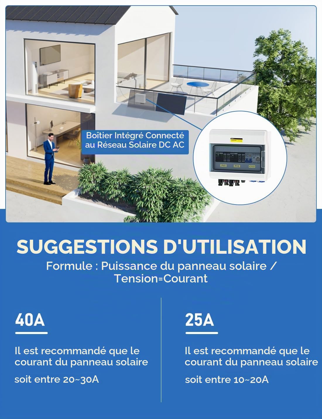 DIHOOL Disjoncteur DC protection contre les surtensions système photovoltaïque 2 chaînes 1000V 25A 2x500W boîte de jonction solaire avec protection contre les surtensions AC