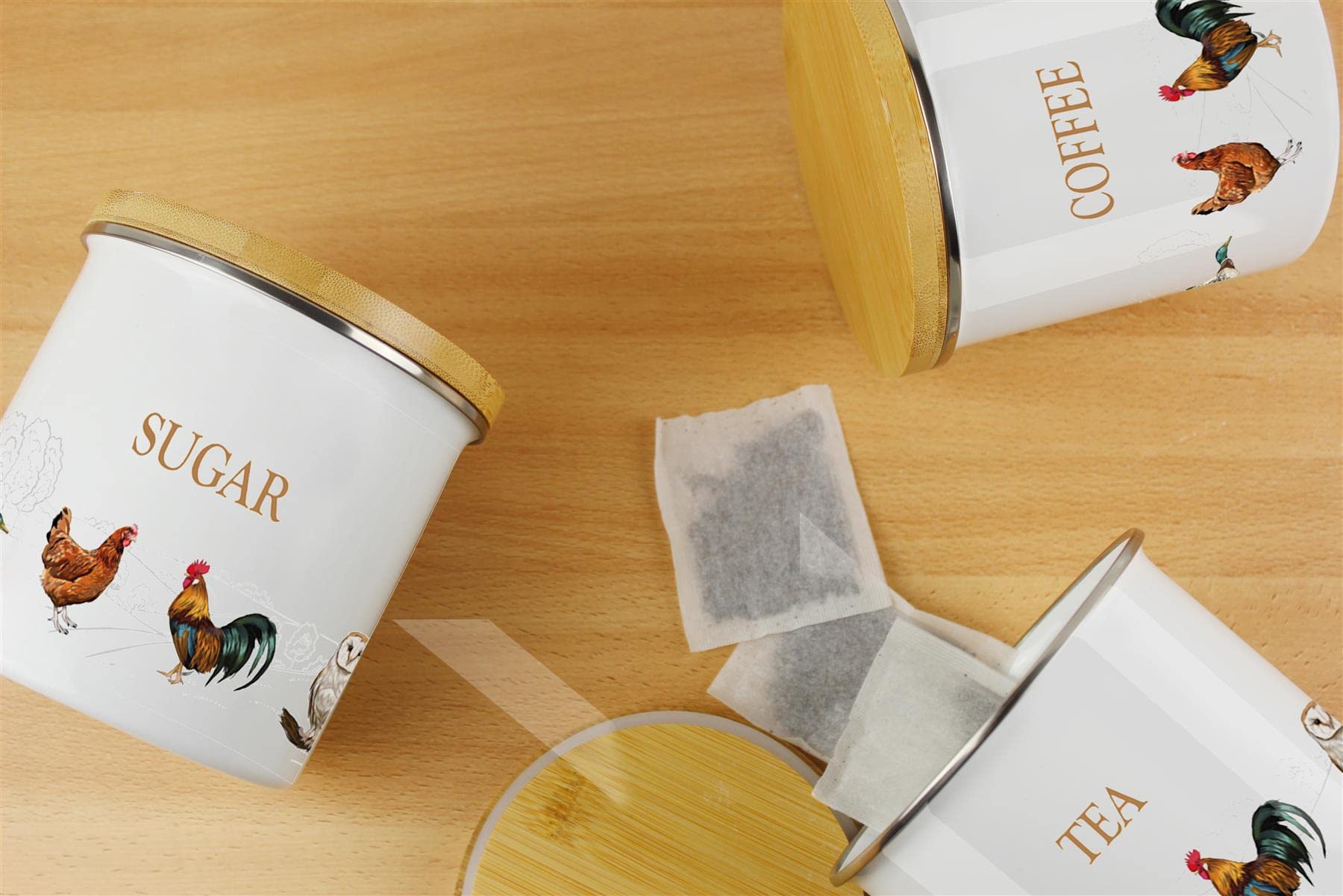 Purely Home Country Farm - Juego de recipientes de almacenamiento de alimentos para té, café y azúcar, color blanco esmaltado