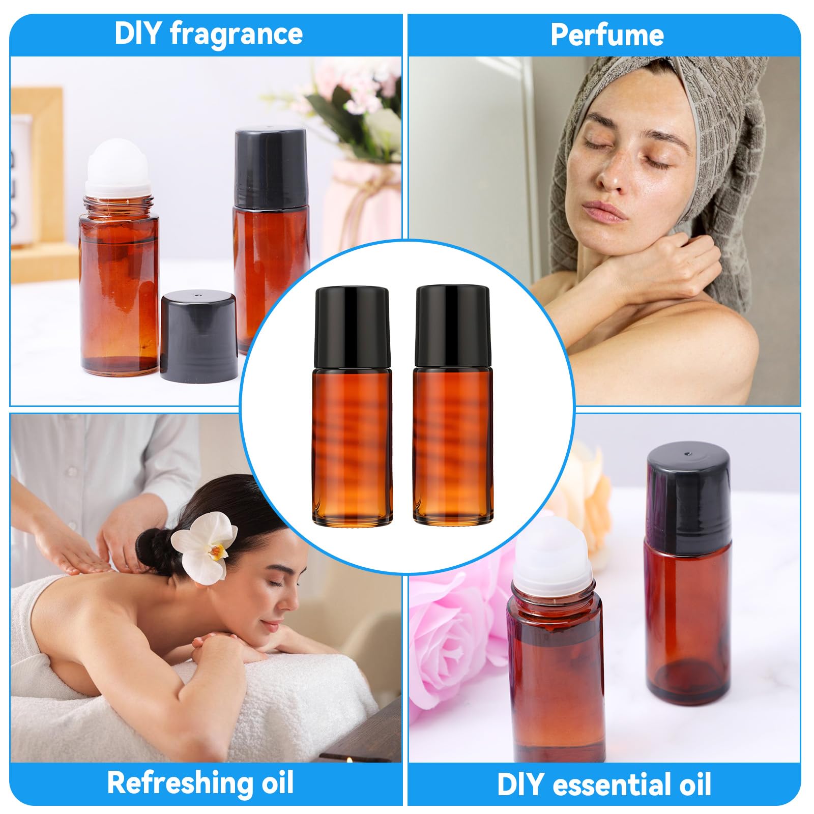 YUXIANLB Lot de 2 flacons roll-on en verre rechargeables de 50 ml pour huiles essentielles, parfums, cosmétiques, applicateur de bille, déodorant vide