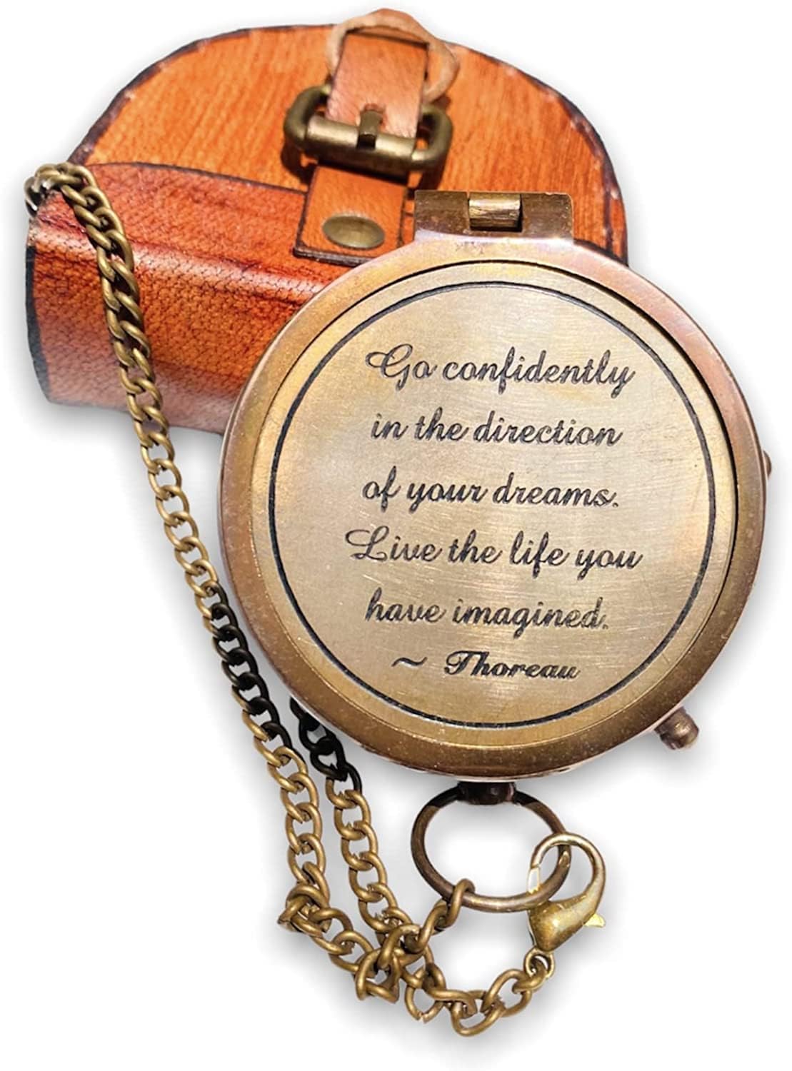 Thoreau's Go Confidently Quote Engraved, Brass Pocket Compass with Leather case, Graduation Day Gifts, Direction Pocket Compass, Camping Compass, Boating Compass by Tenable-image-20