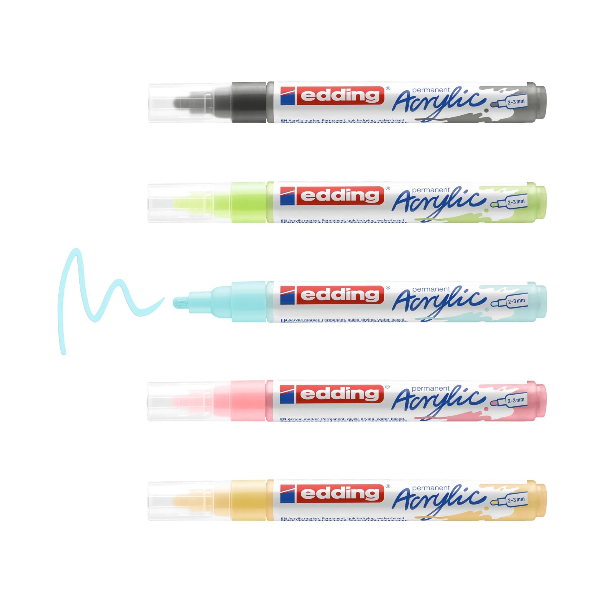 edding 5100 marcador acrílico de trazo medio - surtido (pastel) - juego de 5 rotuladores acrílicos resistentes al agua - punta redonda 2-3 mm - pintura acrílica para lienzo, madera y piedra