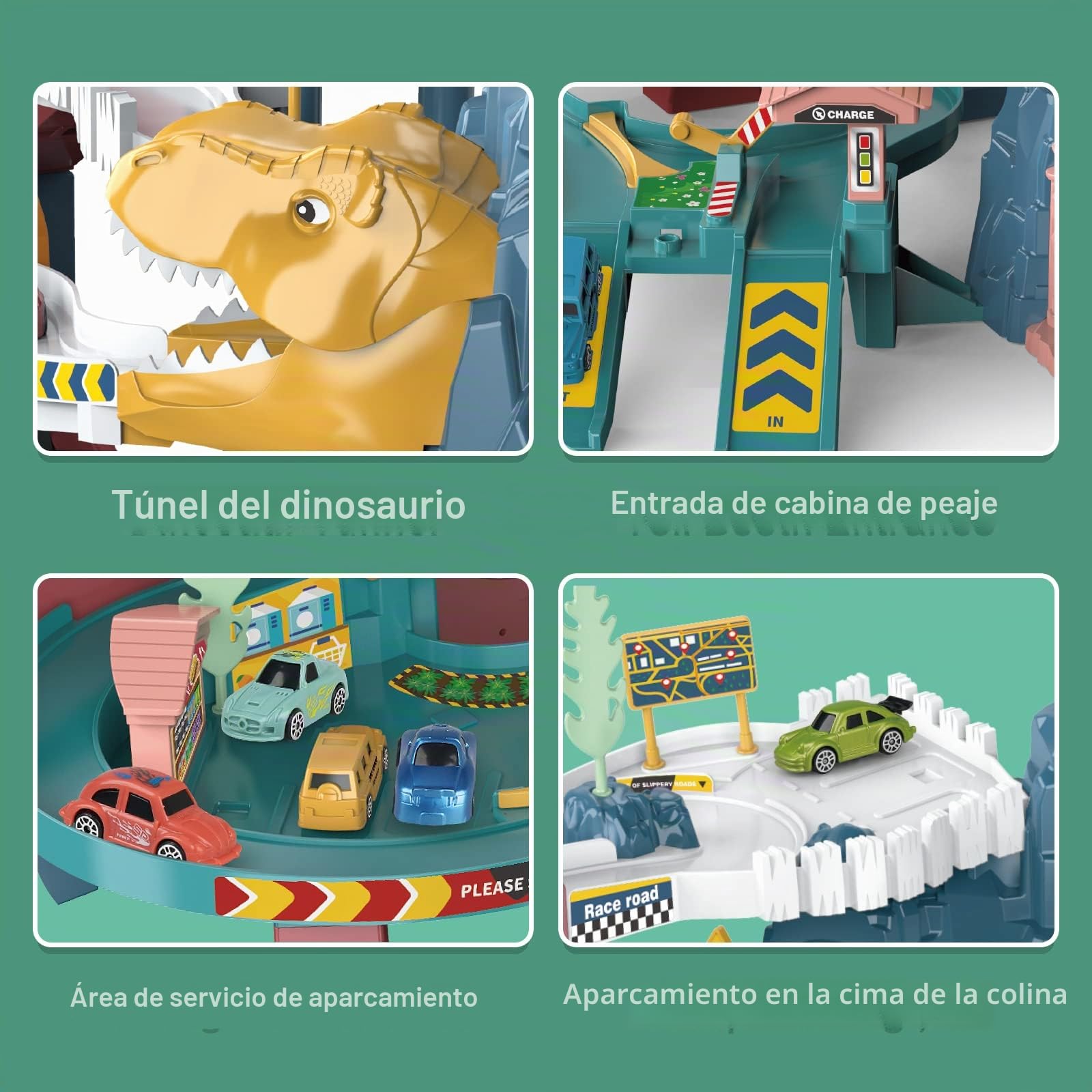 RedCrab Dinosaurio Circuito de Coches, Pista para Niños Con 4 Carros de Juguete y Rieles, 3 a 14 Años, Regalo de Cumpleaños y Festival para Niño y Niña