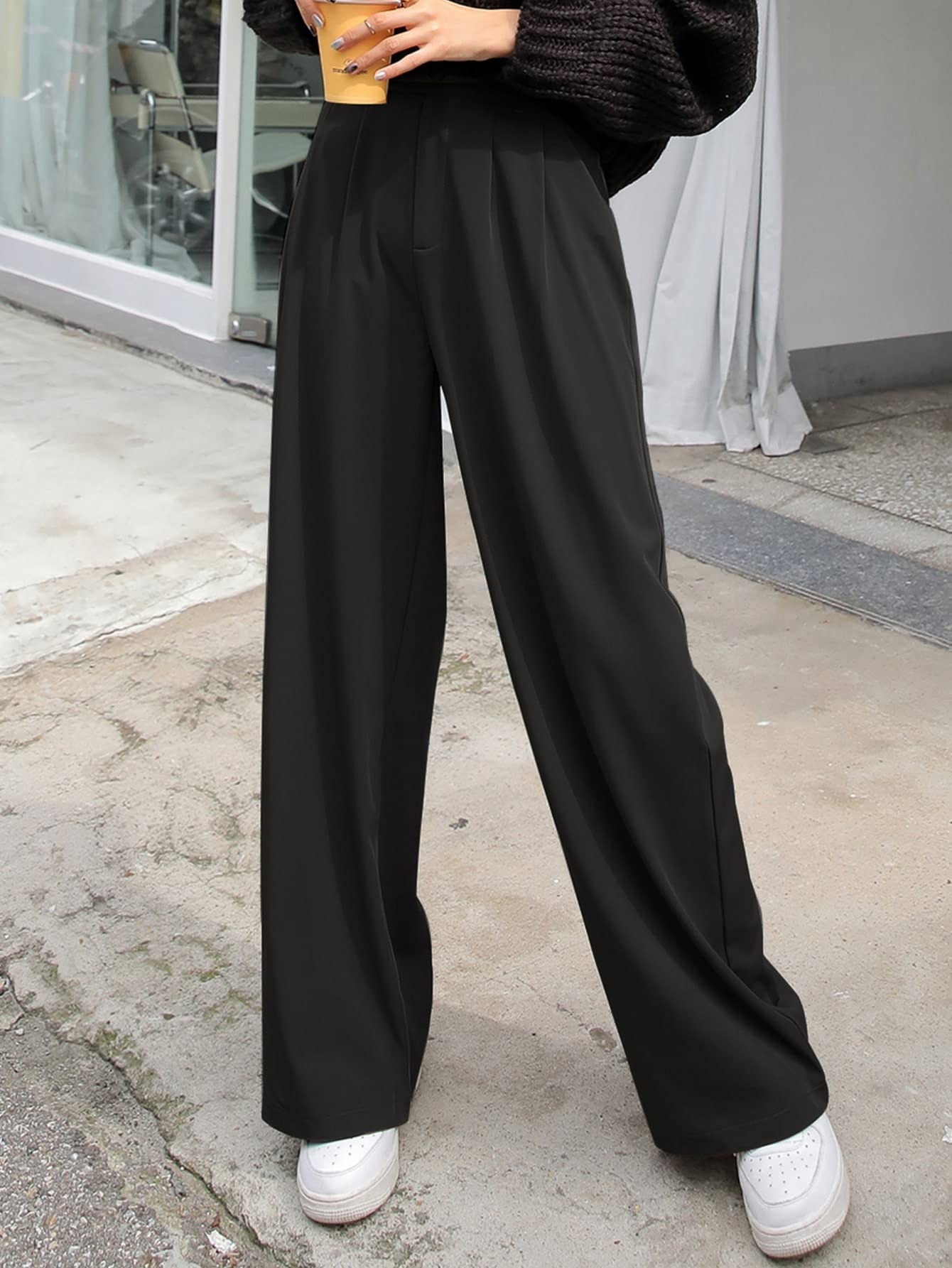 AVIMYA Womens Pants High Waist Fold Pleated Black Pants