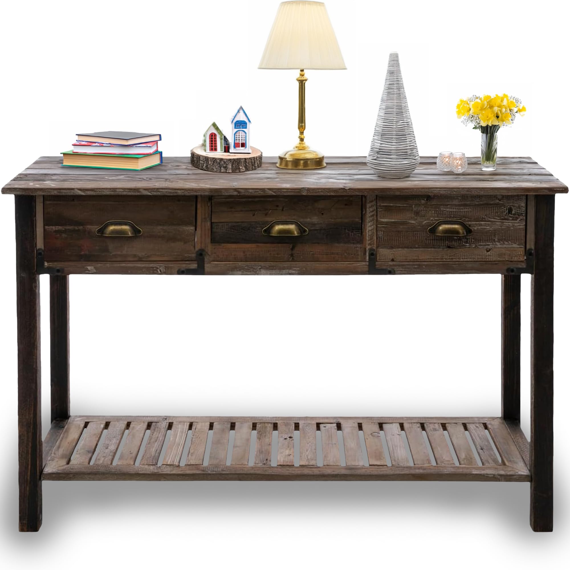 Hobby Lobby Farmhouse Wood Slat Console Table with 3 Drawers, 47W inches, Distressed Dark Wood, Antique Metal Pull Handles, Slatted Shelf, MDF & Metal