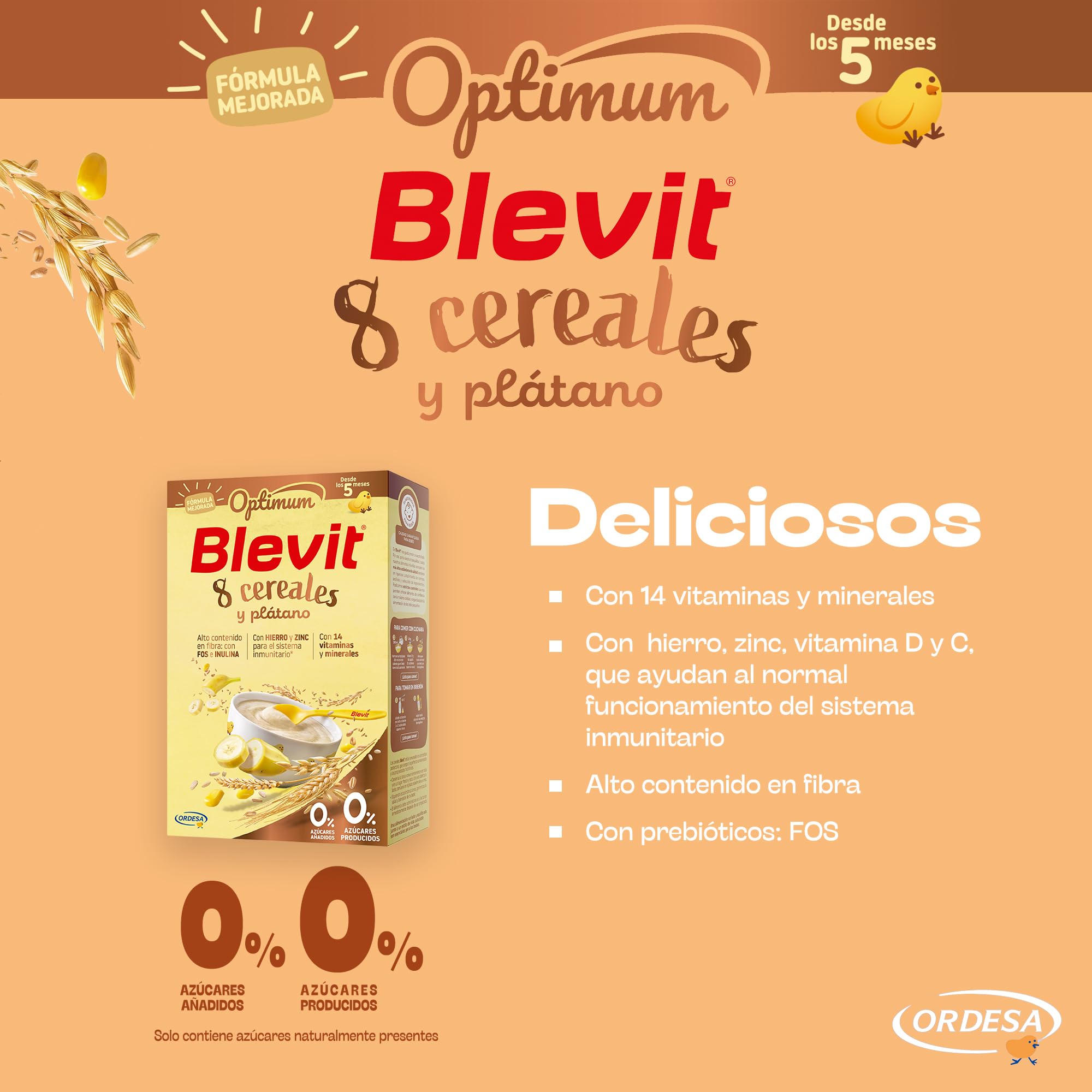 Blevit Optimum 8 Cereales y Plátano | 250g | Papilla para Bebé con 85% de Cereales - Copos de Plátano, Vitaminas, Minerales y Fibra