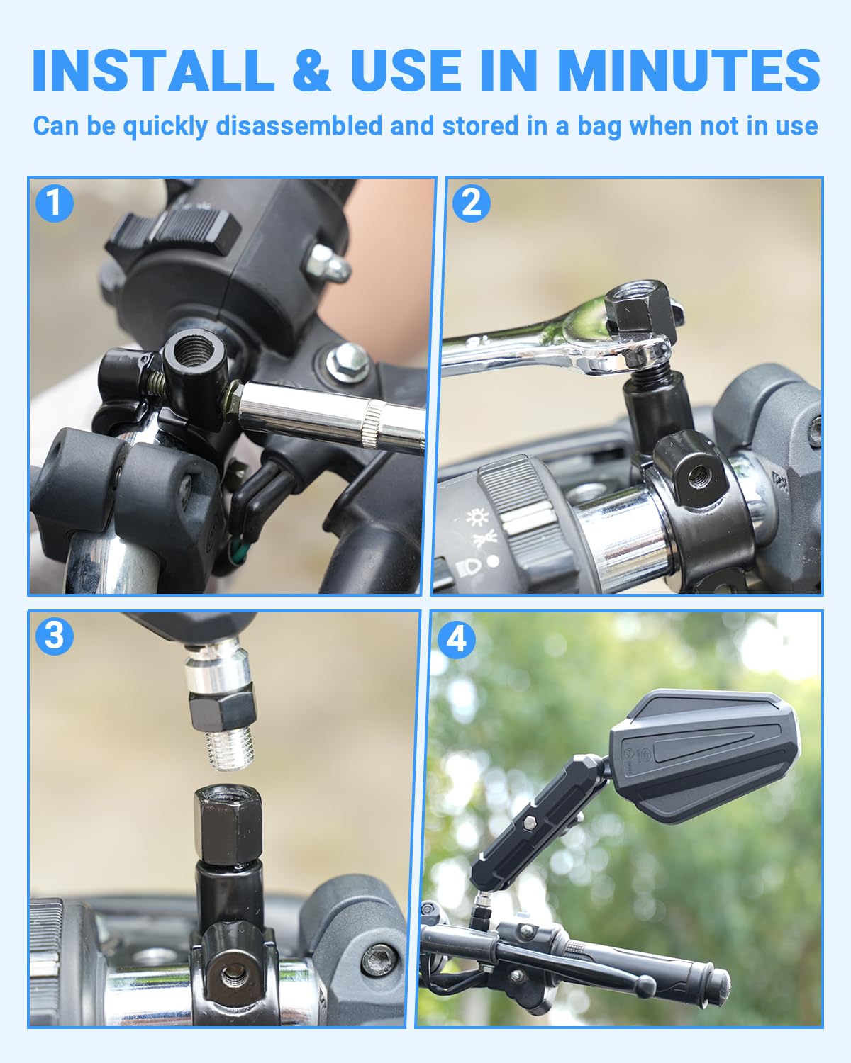SUPAREE Espejo Retrovisor Moto Universal Retrovisores Moto Homologados Manillar Plegable Espejo Moto Trail Giratorio de 360 ° con E-mark M10/M8 Compatible Street Bike Cruiser ATV 1 Paire