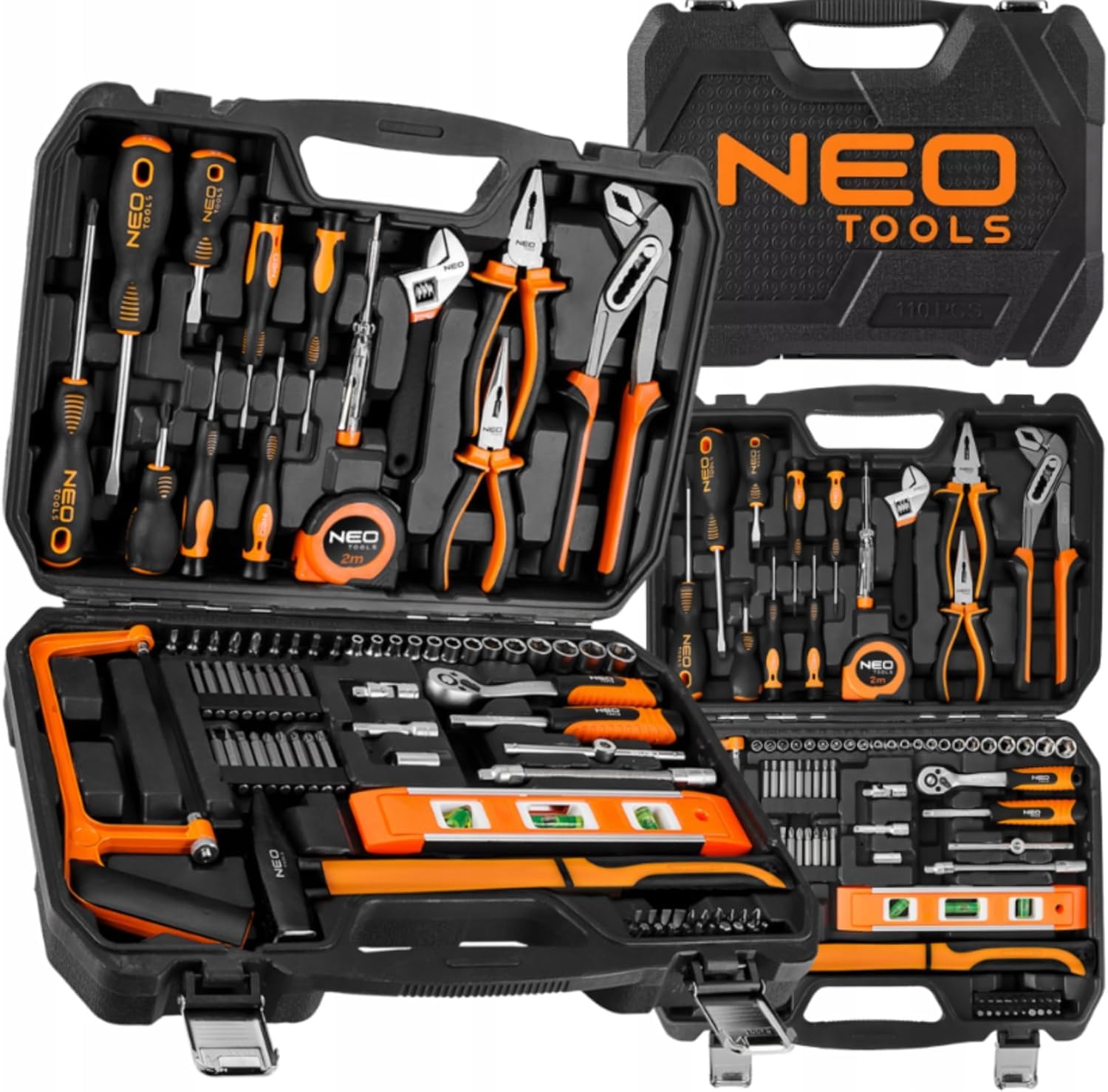 NEO TOOLS Zestaw Narzędzi dla Majsterkowicza, 88 Elementów w Wytrzymałej Walizce | Klucze Nasadowe 1/4", Imbus, Uchwyt | Kompletny Zestaw do Warsztatu, Garażu