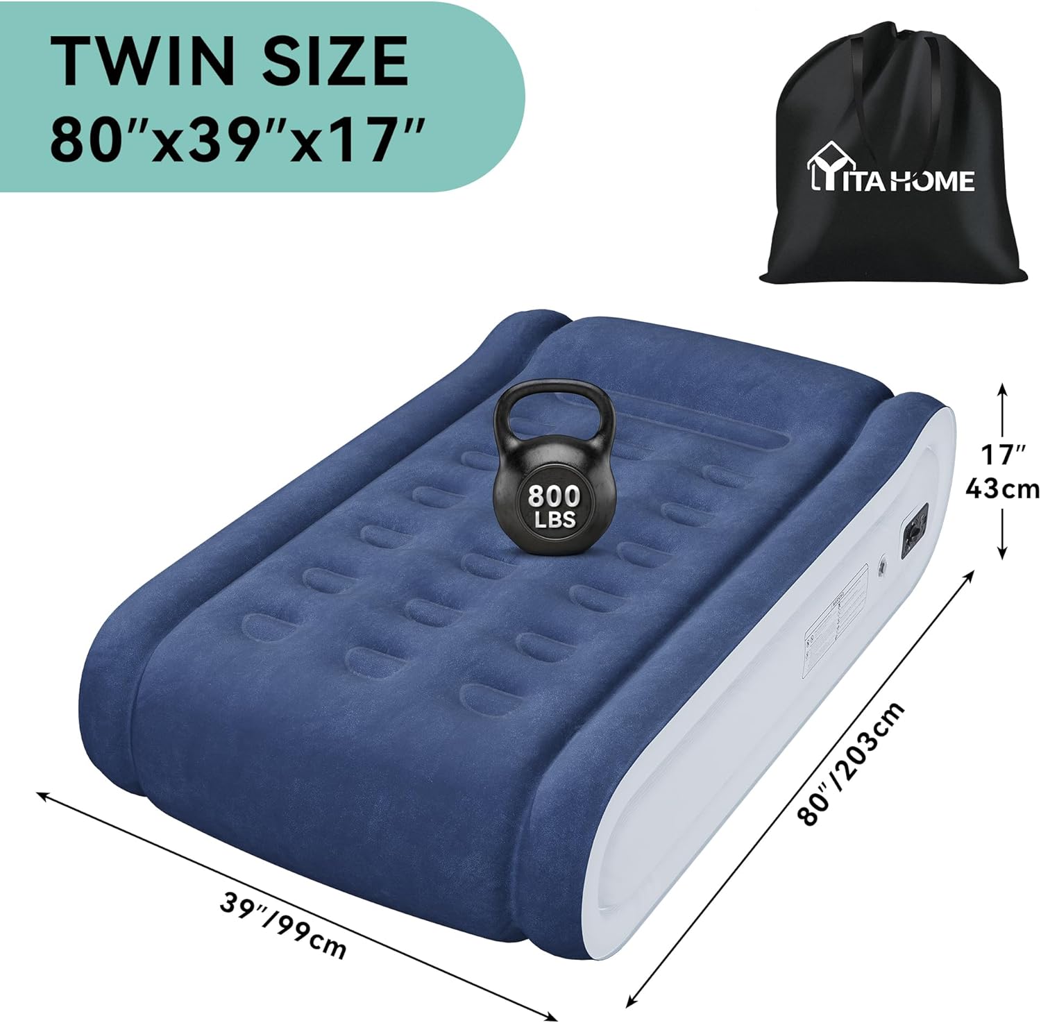 YITAHOME Twin XL Air Mattress with Integrated Pillow, Inflatable Bed with High-Speed Pump, Carry Bag for Home, Travel, and Camping - 79.92''L x 38.98''W x 16.93''H