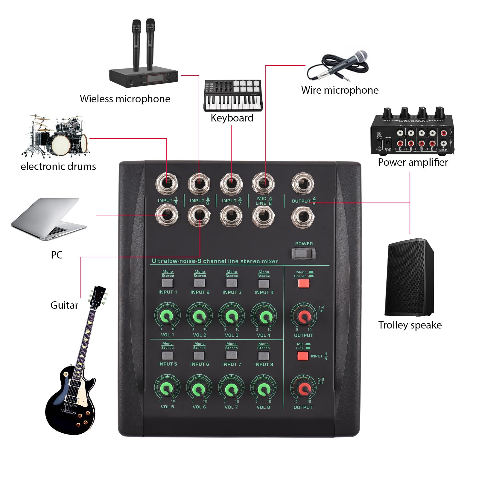 Mélangeur 8 Canaux Professionnel Faible Bruit Avec Commutation Stéréo Mono Idéal Pour Performances En Direct Dans Stades Et Événements Connecteurs 35 Mm Et Alimentation Type C