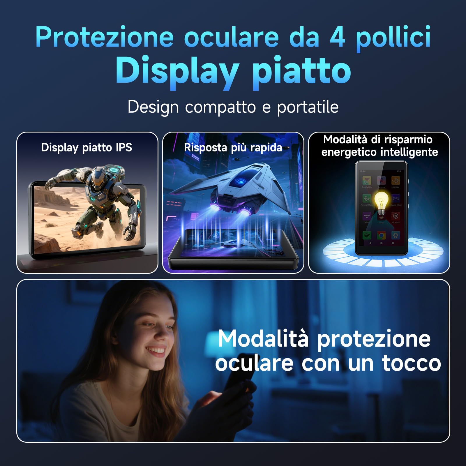 Lettore MP3 Android 14 con Spotify, Play Store, Amazon Music, Audible, Libby, lettore musicale MP4 con touch screen da 4" per bambini con controllo parentale, modalità Eye-Care (Nero lucido)