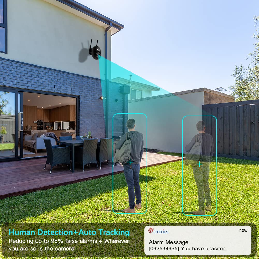 Ctronics PTZ Überwachungskamera Aussen WLAN, 2K Kabellose WiFi IP Kamera Outdoor mit Automatische Verfolgung, Personenerkennung, Nachtsicht in Farbe, 2-Wege Audio, IP66 Wasserdicht (2 St) (schwarz)