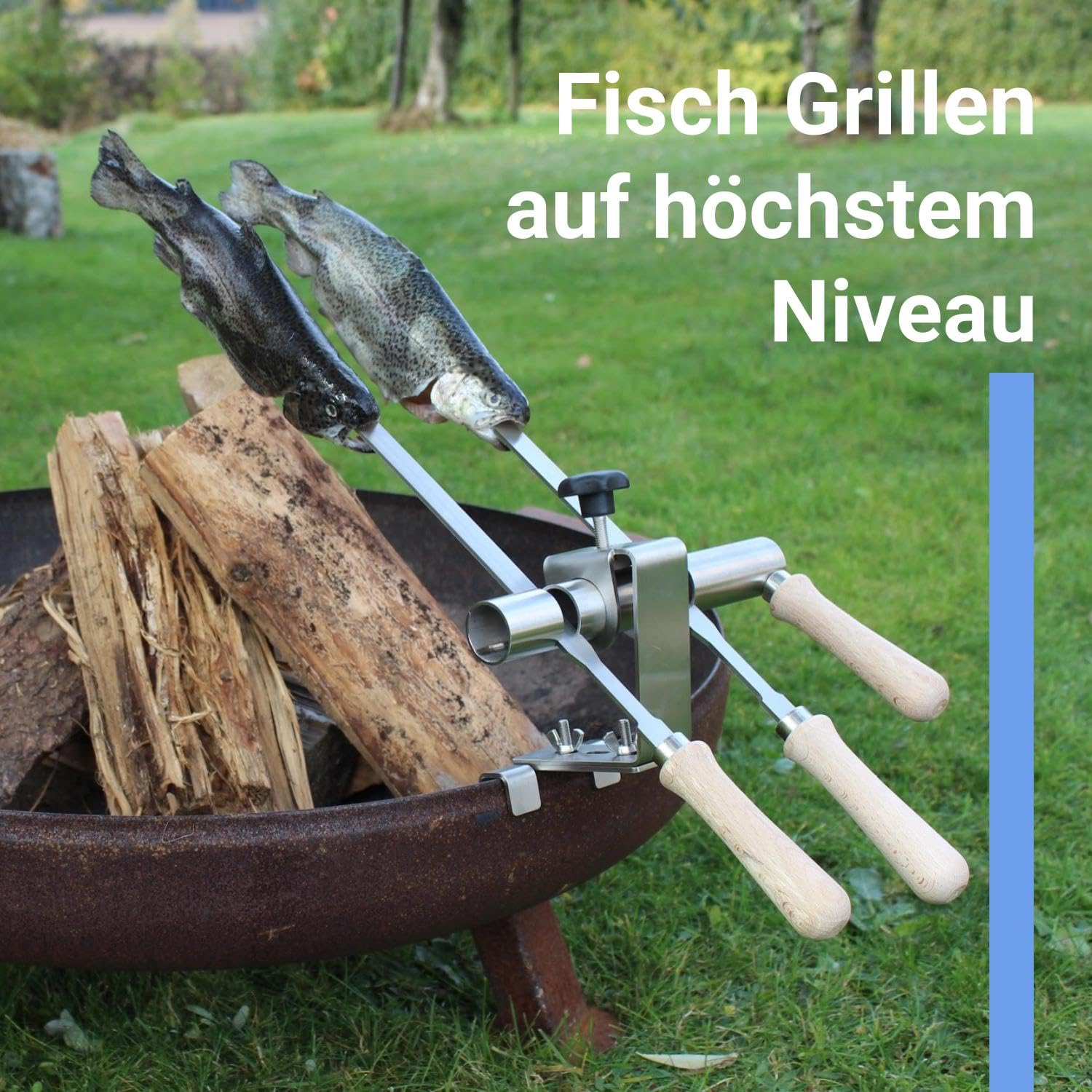 Premium Steckerlfisch Halter für Feuerschale - Platz für 2 Fische - Fisch Grill Aufsatz passt auf jede Feuerschale - stufenlos verstellbar - Fischhalter 100% Edelstahl - Asado Grill für Feuerschale
