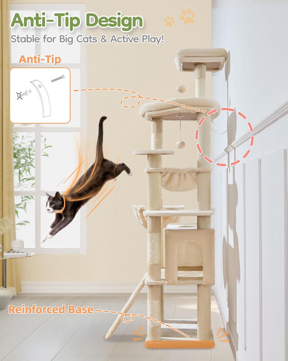 Taoqimiao Arbre à Chat 183 cm pour Grands Chats, Niche Large, Grand Panneau à griffer, 5 poteaux à griffer, hamac à Cadre métallique, Panier Confortable, MS045M Beige