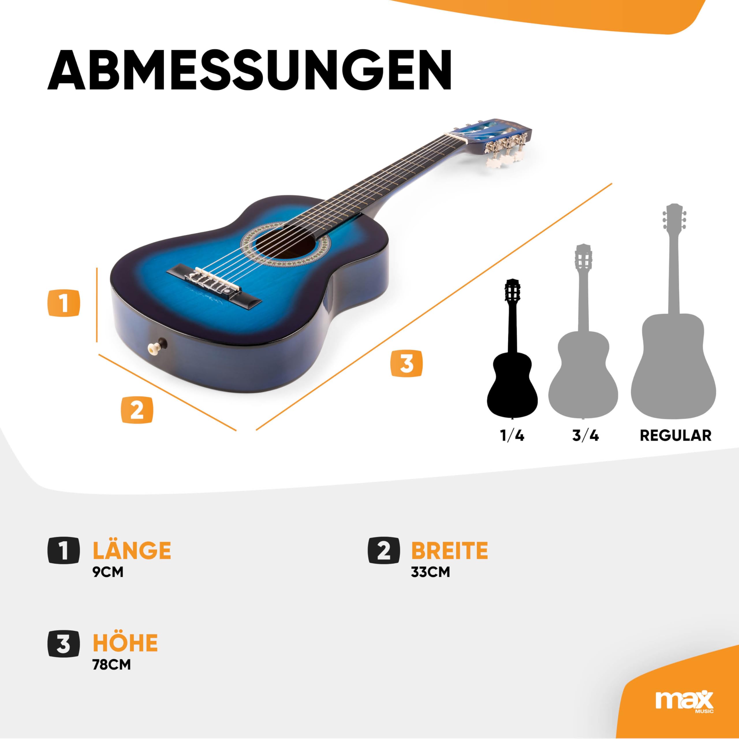 MAX SoloArt - 1/4 Gitarre Kinder ab 3 Jahre - Akustik Gitarre inkl. Gitarrenständer, Tasche, Plektrum, Gurt und Saiten-Zubehör, Kindergitarre 3 Jahre - Guitar in Blau