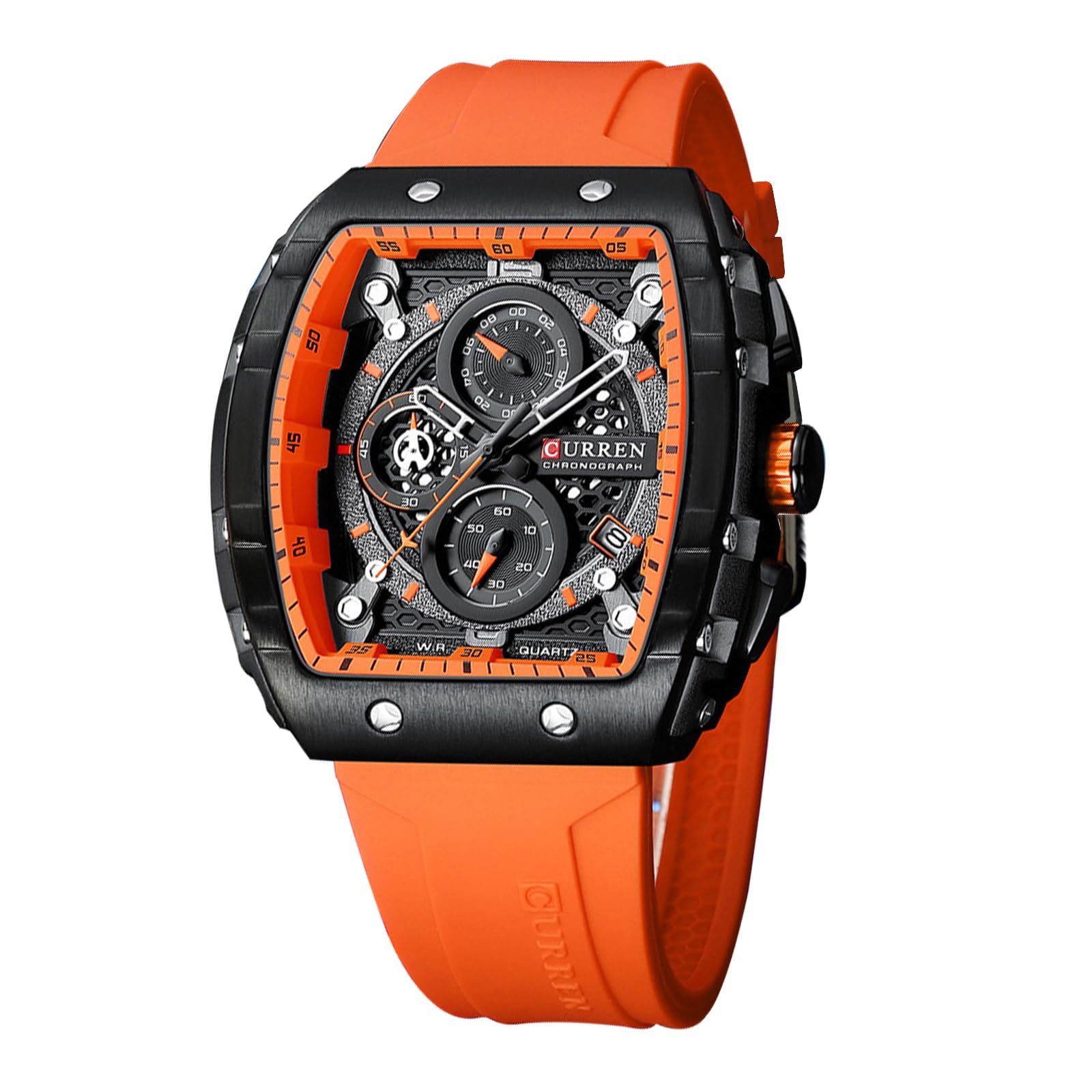 FORSINING Montre analogique à quartz pour homme - Grand cadran rectangulaire - Bracelet en silicone - Étanche - Calendrier - Date