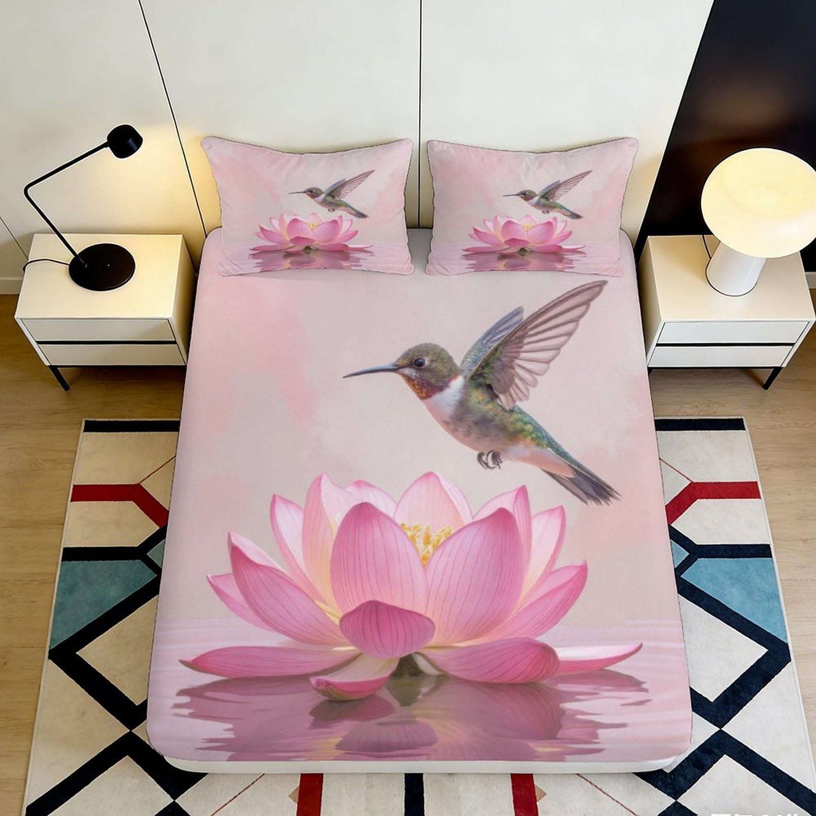 Uynsixtme Style-3 3D Printed Lotus Hummingbird Fitted Sheet Microfiber Deep Pocket Non-Slip Bedding Lotus Hummingbird Mattress Fitted Cover Full Wrap For Home 140X200x25cm
