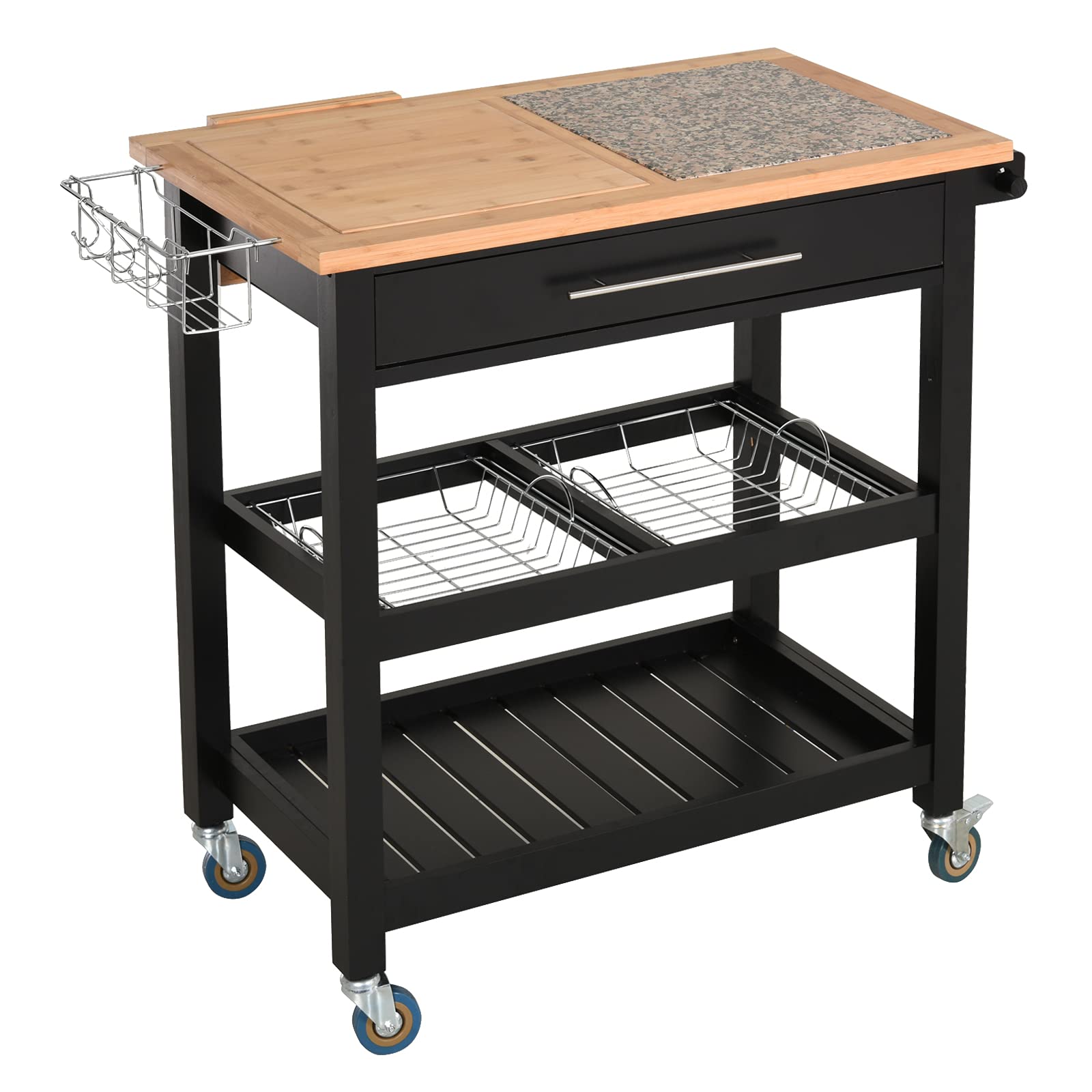 Rolling Mobile Kitchen Island Cart with Granite & Bamboo