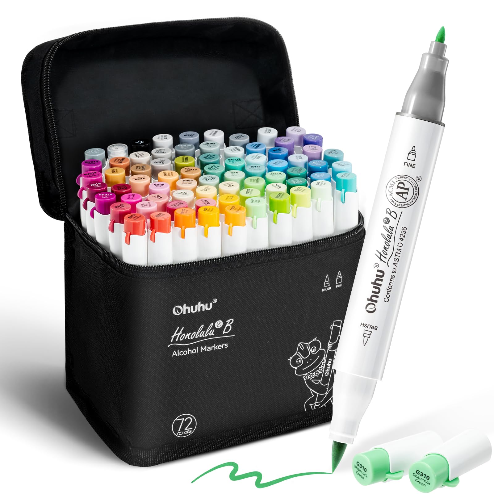 Ohuhu Alcohol Markers Brush Tip - AP Certificated Double Tipped Art Marker Set for Artist Adults Coloring Illustration- 72 Colors - Refillable - Fine and Brush Dual Tips - Honolulu 2B of Ohuhu Markers Brush & Fine