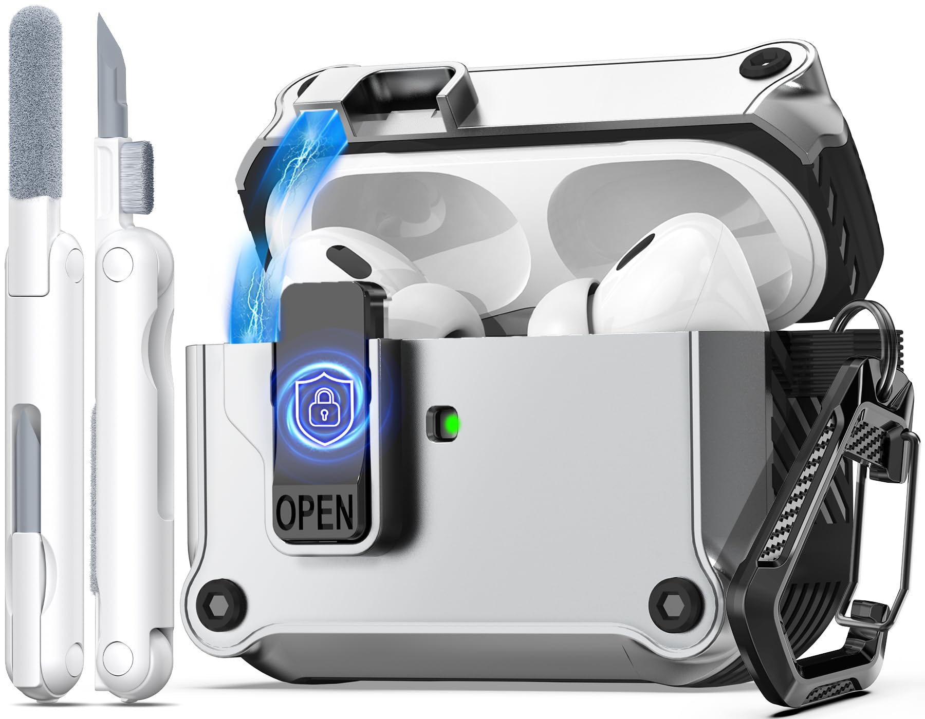 R-fun for AirPods Pro 2nd Generation 2023(USB-C),2022(Lightning Cable),1st Gen 2019 Charging Case, Full Drop Protection Auto Pop-Up Lid Design with Cleaner Kit,Silver