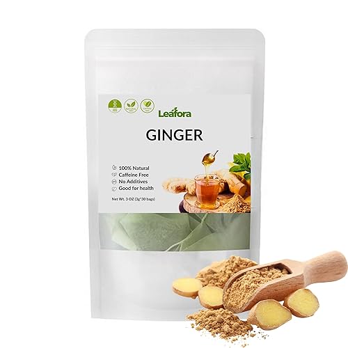 LEAFORA Bolsas de té de jengibre 100% orgánico, 30 unidades, té de hierbas naturales para comodidad y bienestar estomacal, sin cafeína, caliente o