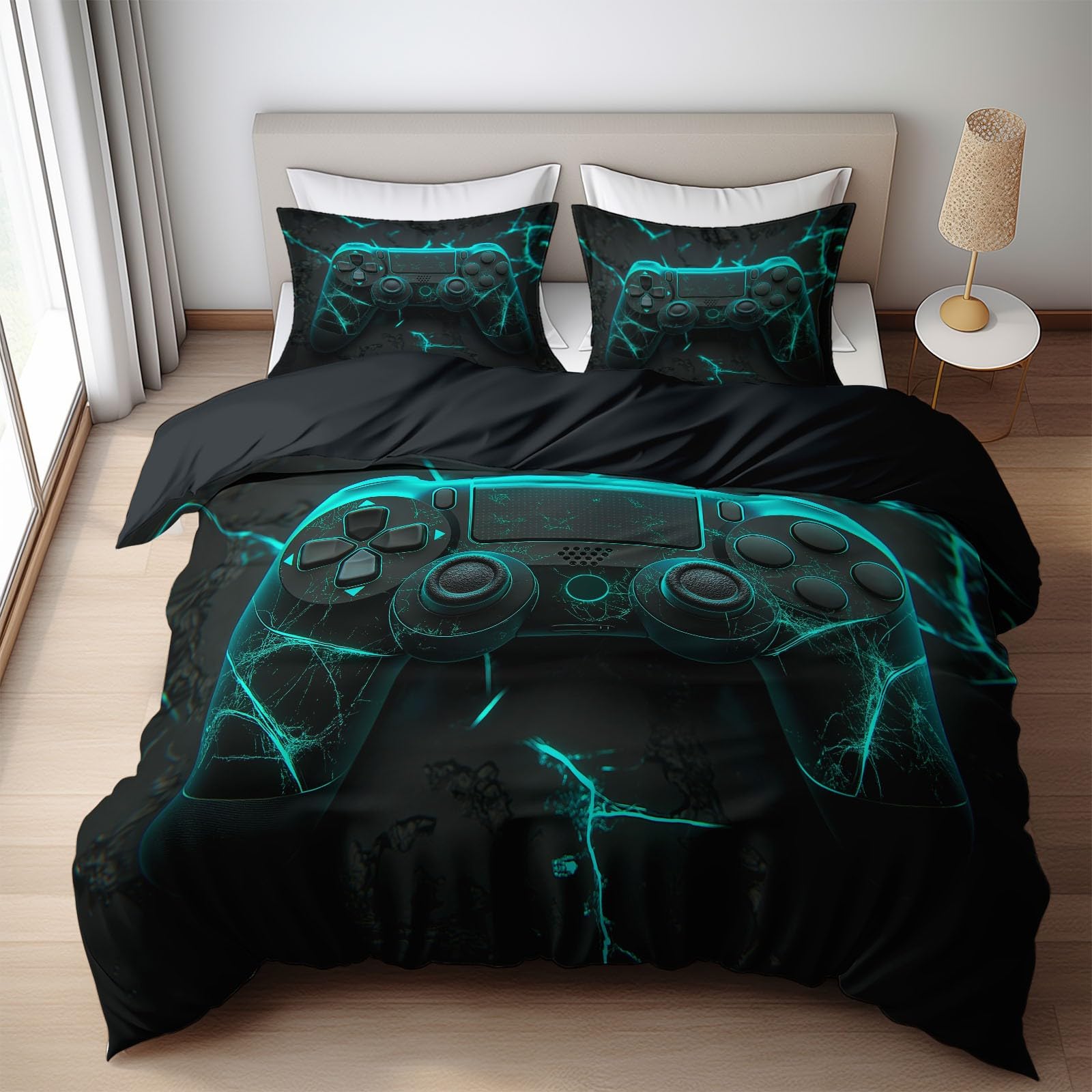 3D Bettwäsche 220 x 240 cm Gamecontroller Crack Bettwäsche-Set Schwarz, Weich Bügelfrei Atmungsaktiv mit Reißverschluss, Inklusive 1 Bettbezug und 2 Kissenbezügen 80x80 cm