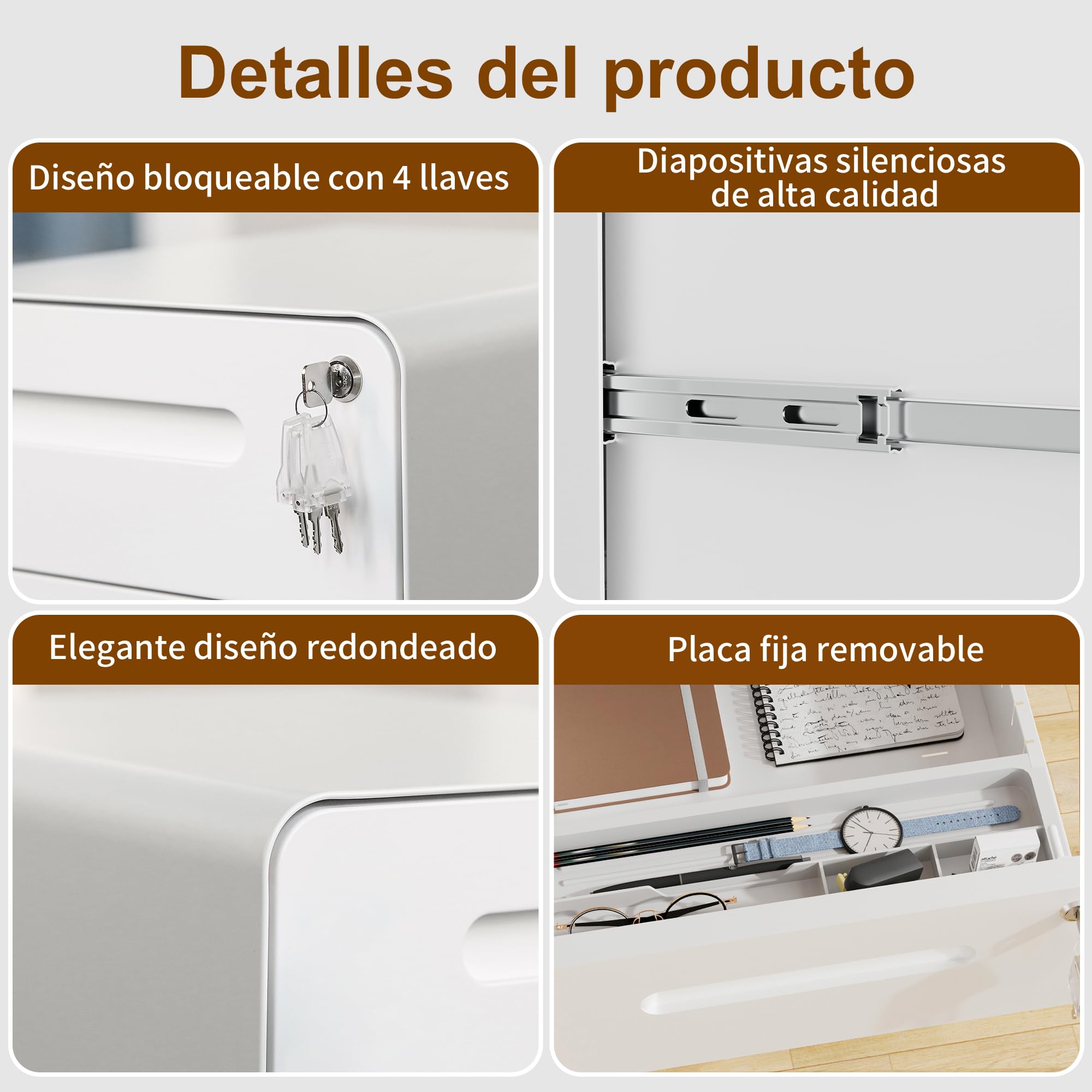 Cajonera móvil, Archivador Metálico con Cerradura, 4 Llaves, 4 Cajones, Premontado, Esquinas Redondeadas, para Oficina, Oficina en Casa, 46P x 40A x 64A cm, Blanco