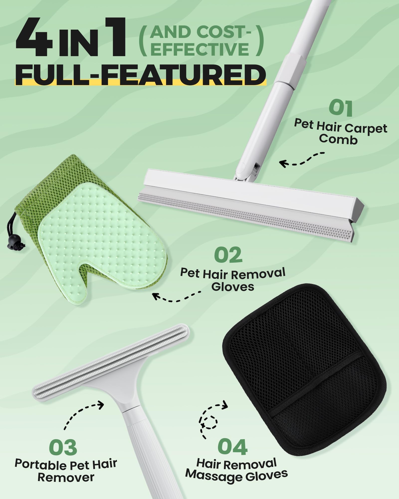 4 in 1 Carpet Rake Kit for Pet Hair Removal Tool, Pet Hair Remover for Couch Floor Mat Carpet Contain Pet Hair Removal Glove - Image 2
